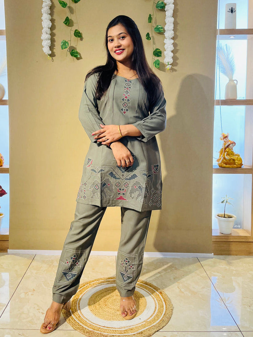 Olive Grey Embroidered Co-Ord Set for Women