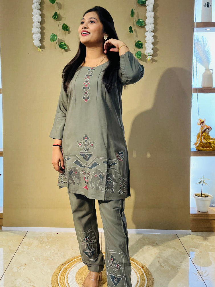 Olive Grey Embroidered Co-Ord Set for Women