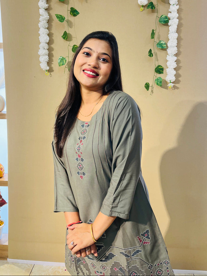 Olive Grey Embroidered Co-Ord Set for Women