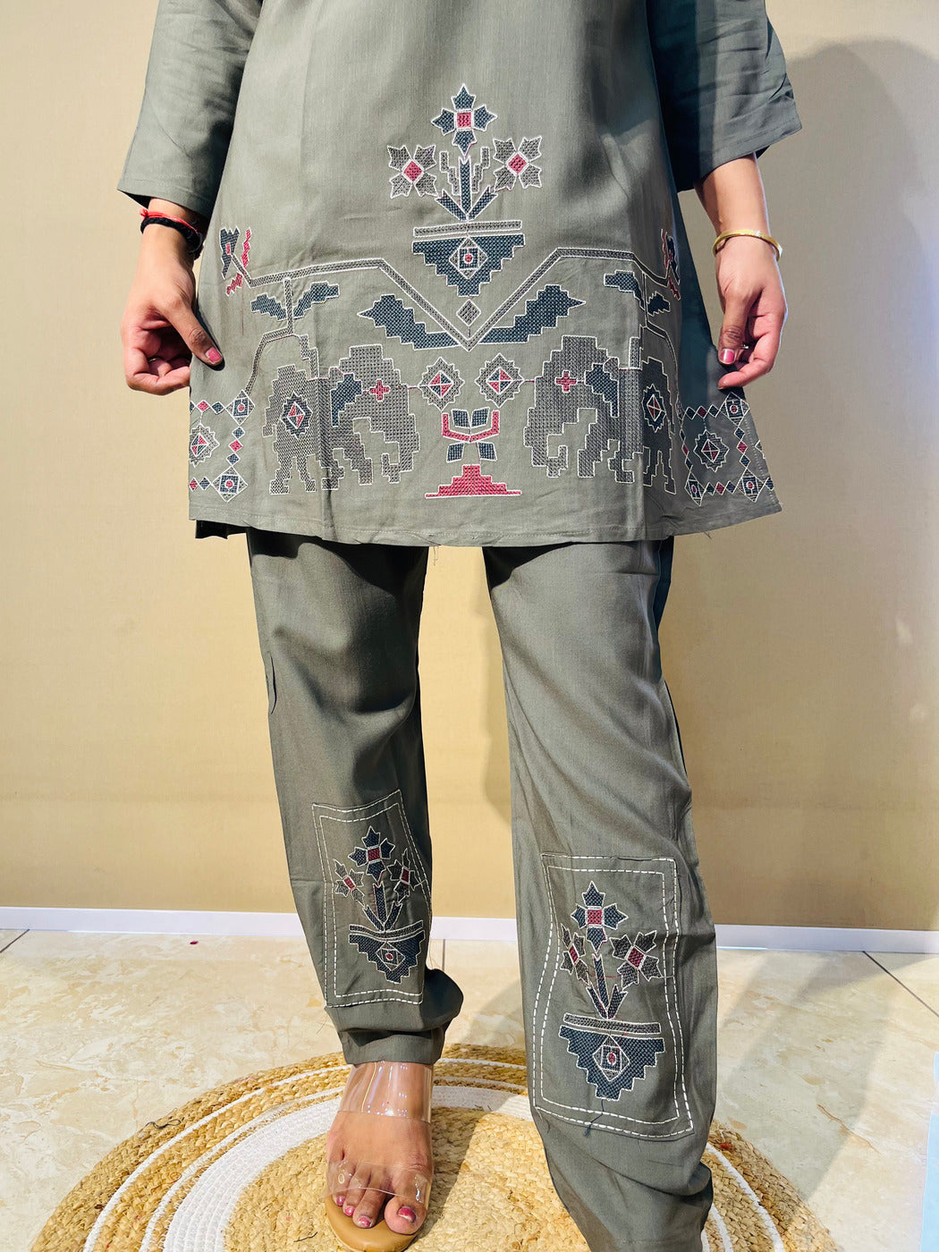 Olive Grey Embroidered Co-Ord Set for Women