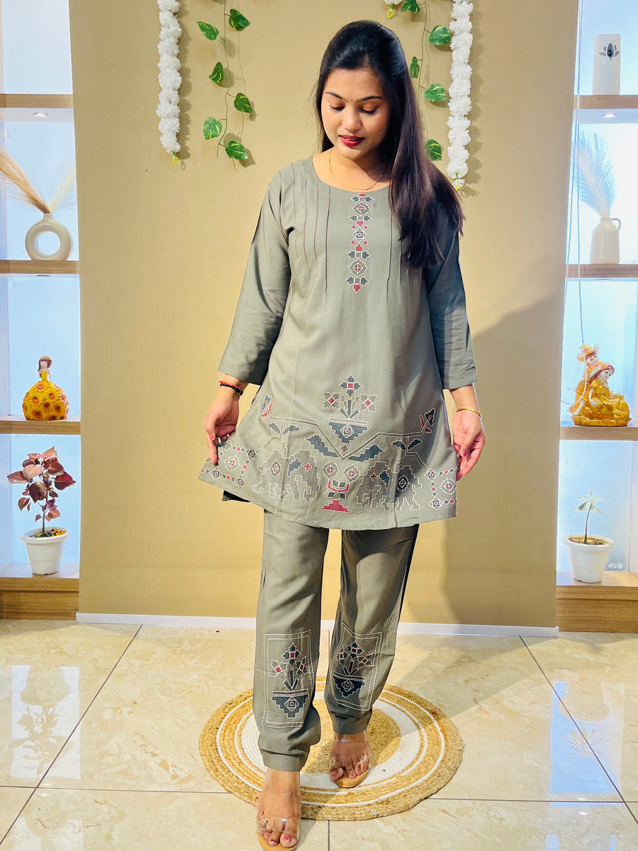 Olive Grey Embroidered Co-Ord Set for Women