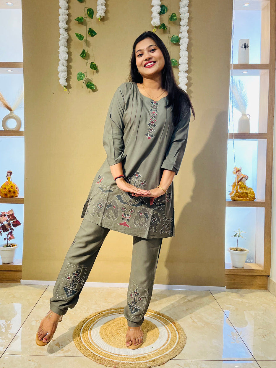 Olive Grey Embroidered Co-Ord Set for Women