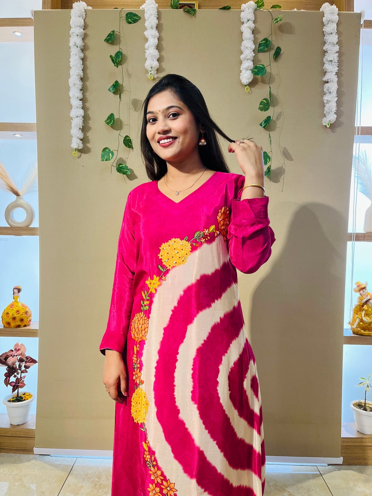 Rani Pink Spiral Crepe Designer Tie-Dye Kurta Set