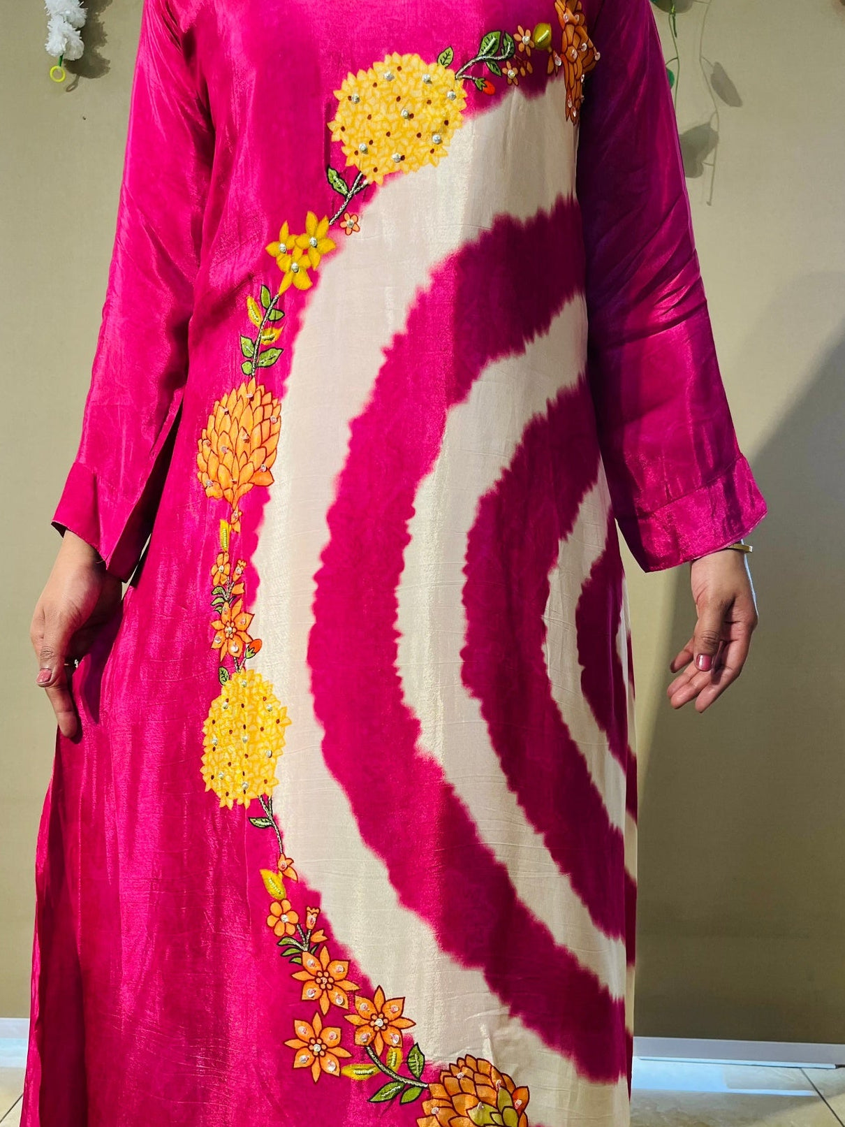 Rani Pink Spiral Crepe Designer Tie-Dye Kurta Set