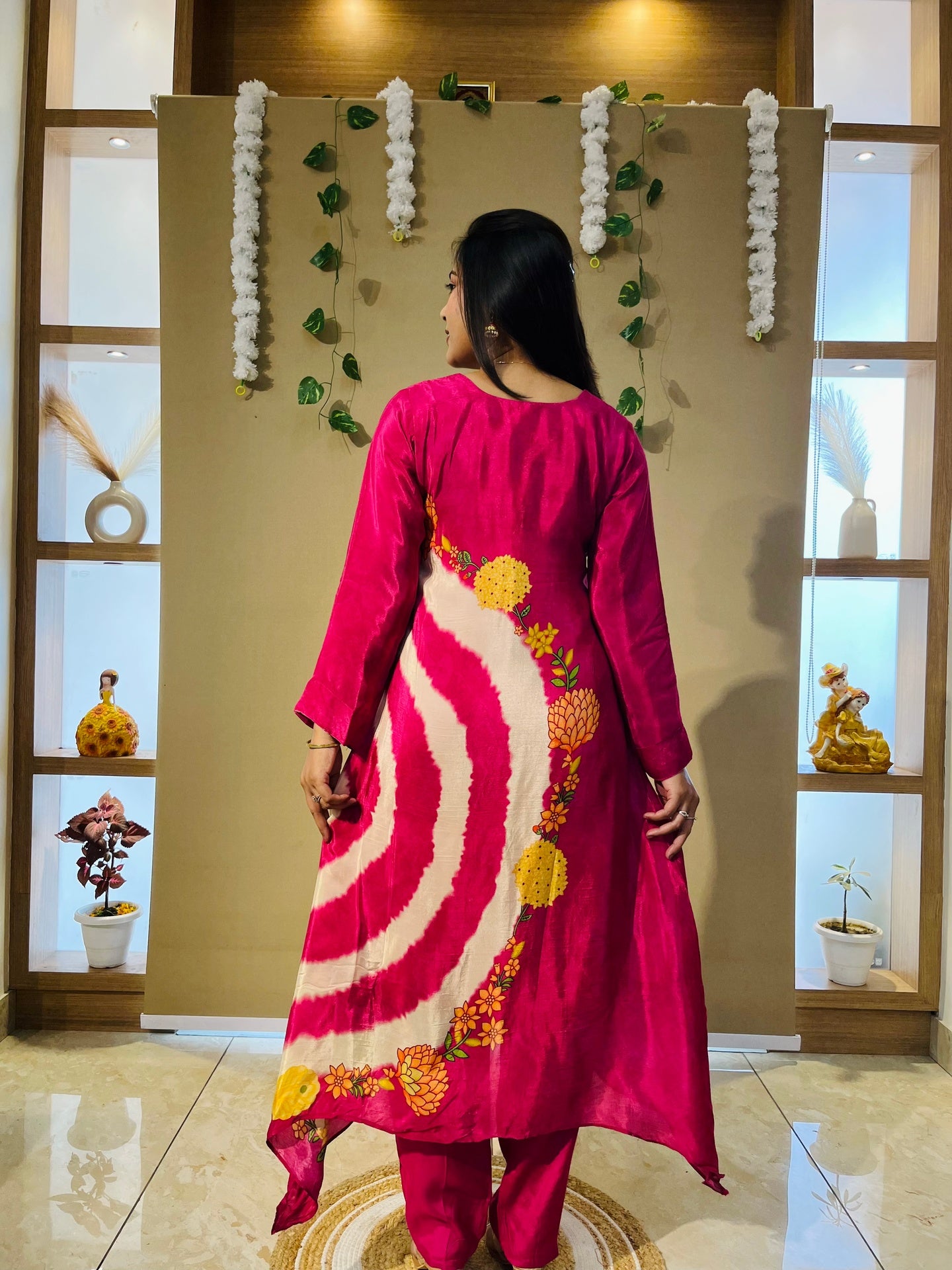 Rani Pink Spiral Crepe Designer Tie-Dye Kurta Set