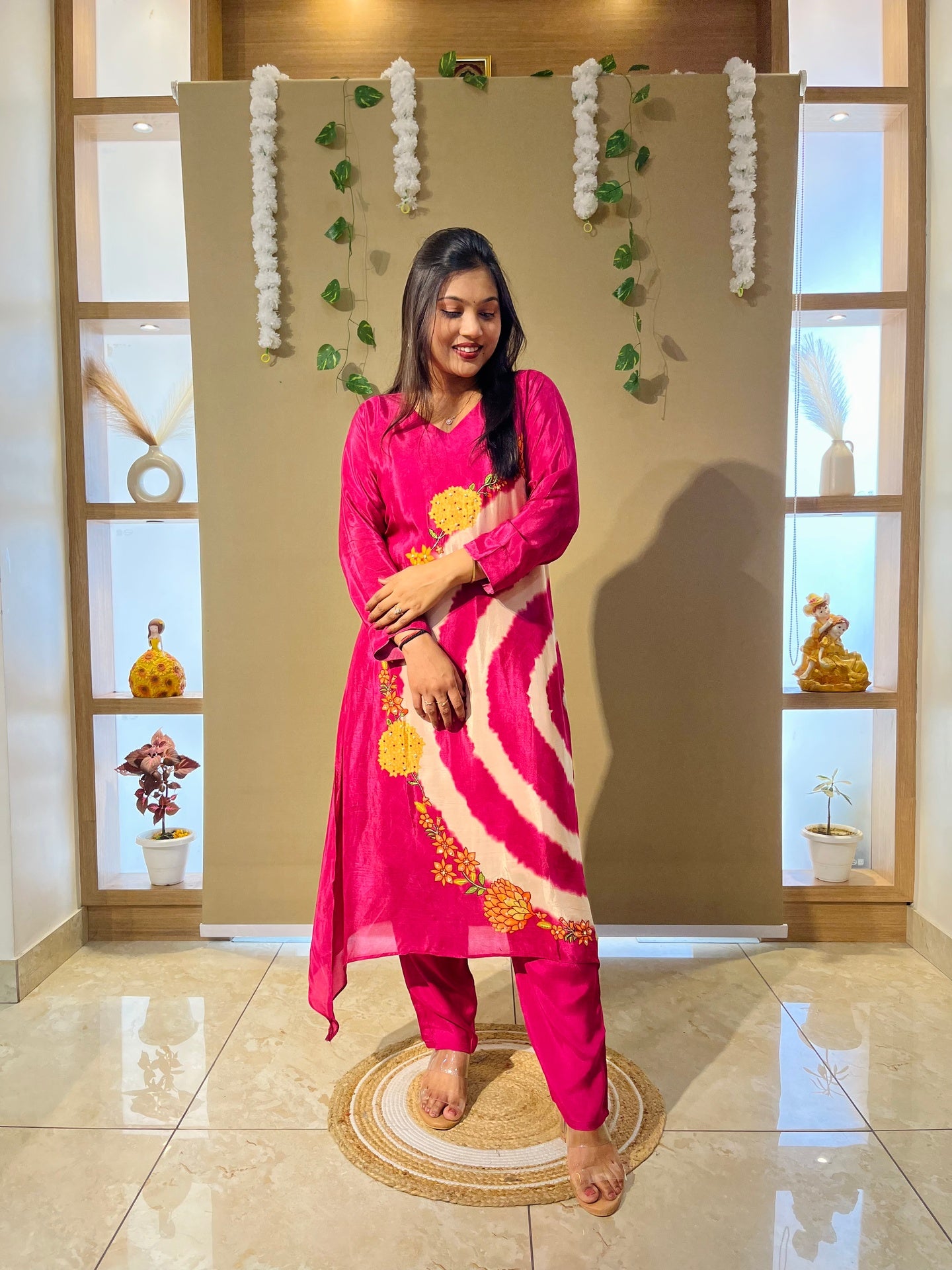 Rani Pink Spiral Crepe Designer Tie-Dye Kurta Set