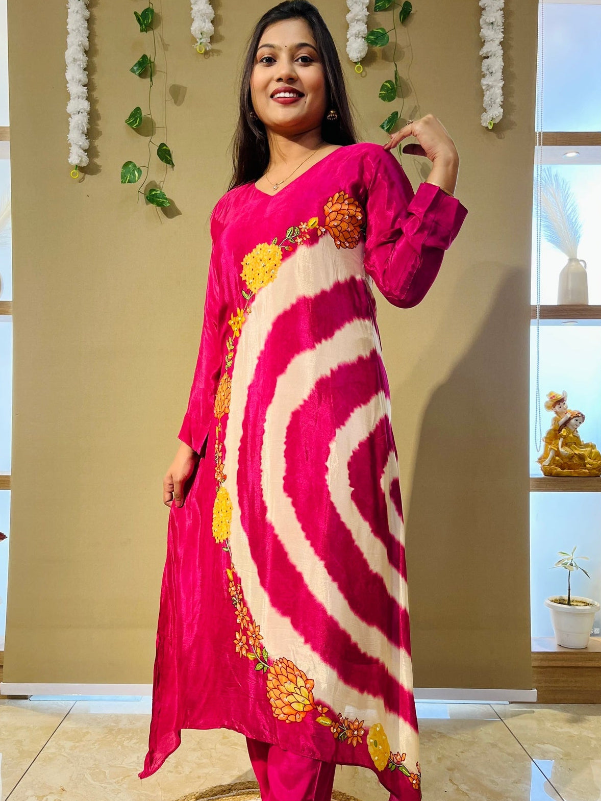 Rani Pink Spiral Crepe Designer Tie-Dye Kurta Set
