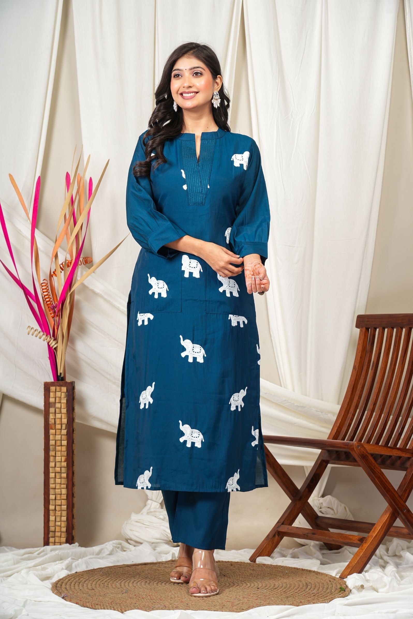 Indigo Blue Roman Silk Elephant Charm Kurta Pant Set