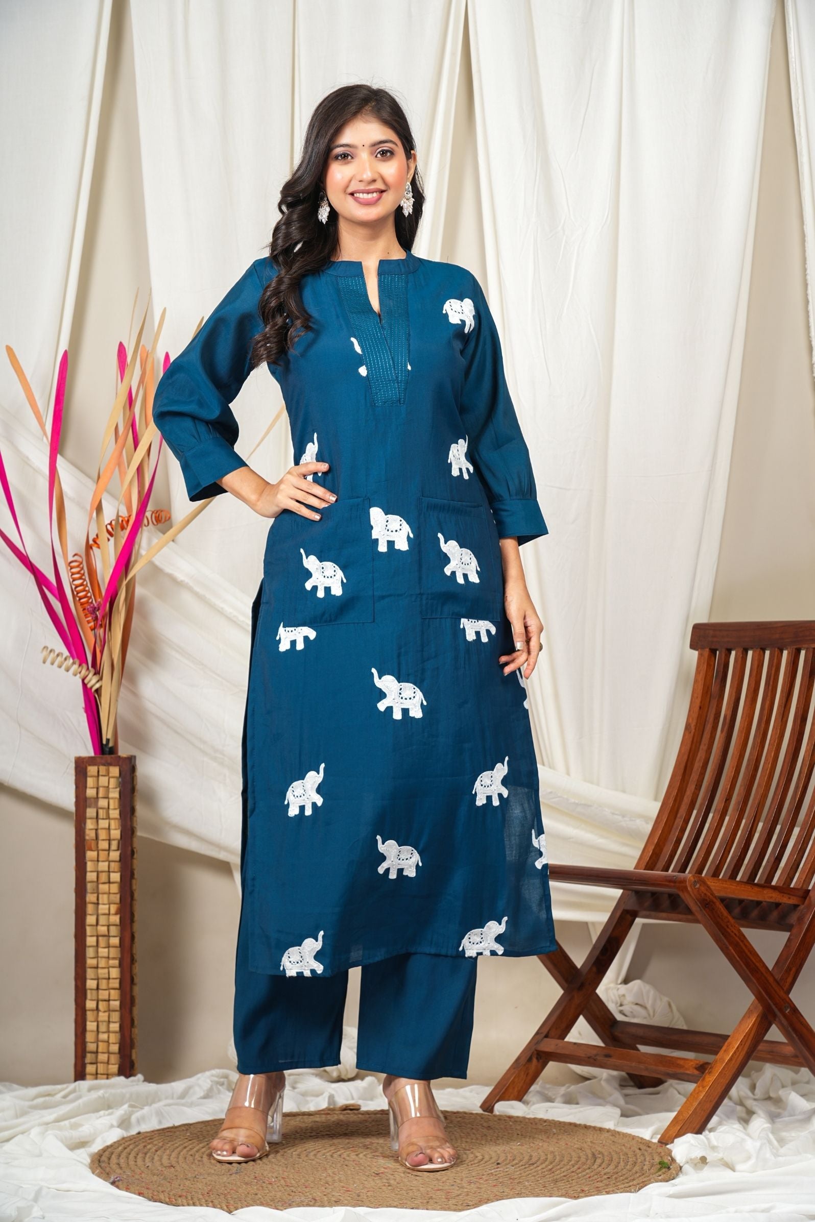 Indigo Blue Roman Silk Elephant Charm Kurta Pant Set