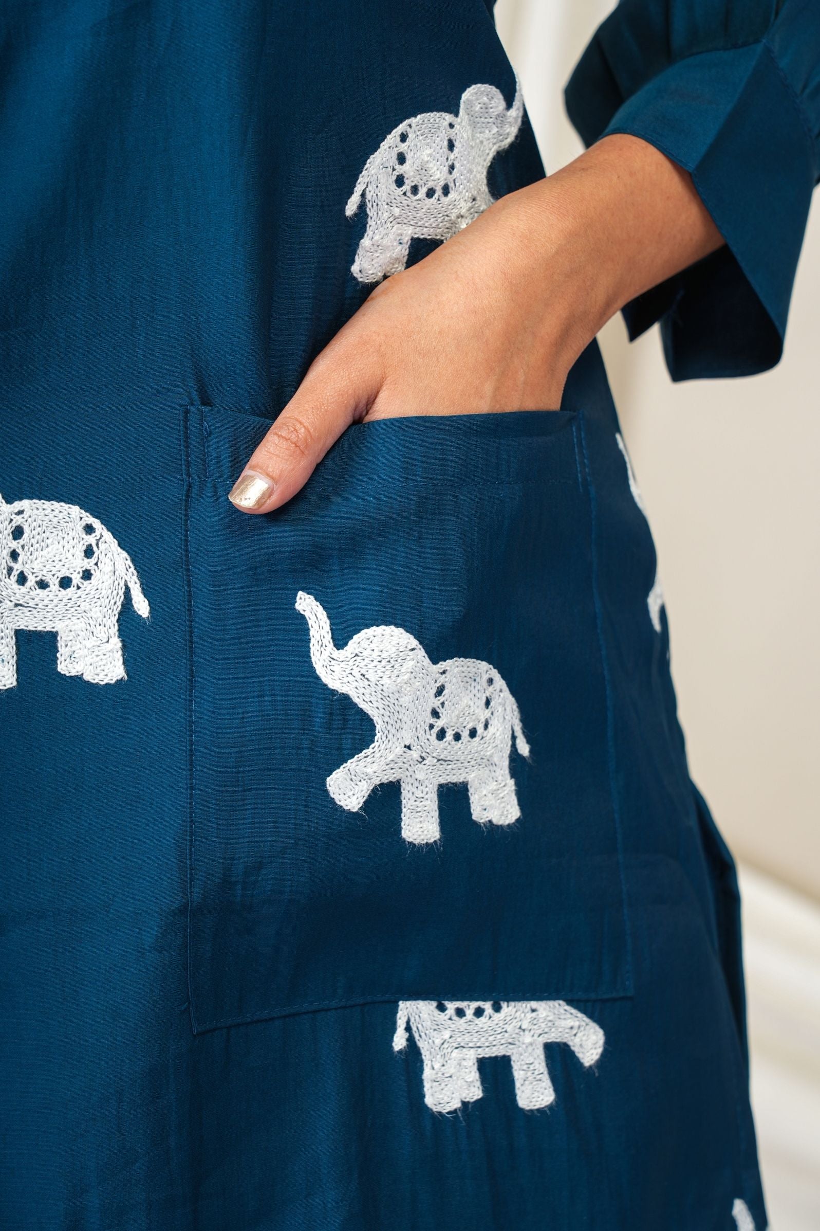 Indigo Blue Roman Silk Elephant Charm Kurta Pant Set