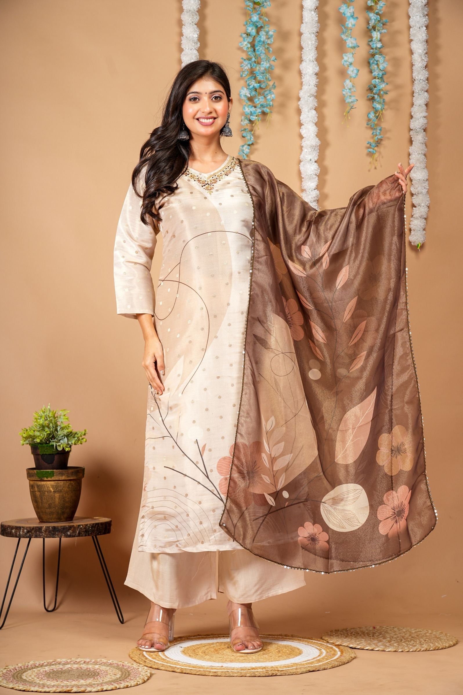 Ivory Silk Bloom 3-Piece Suit Set