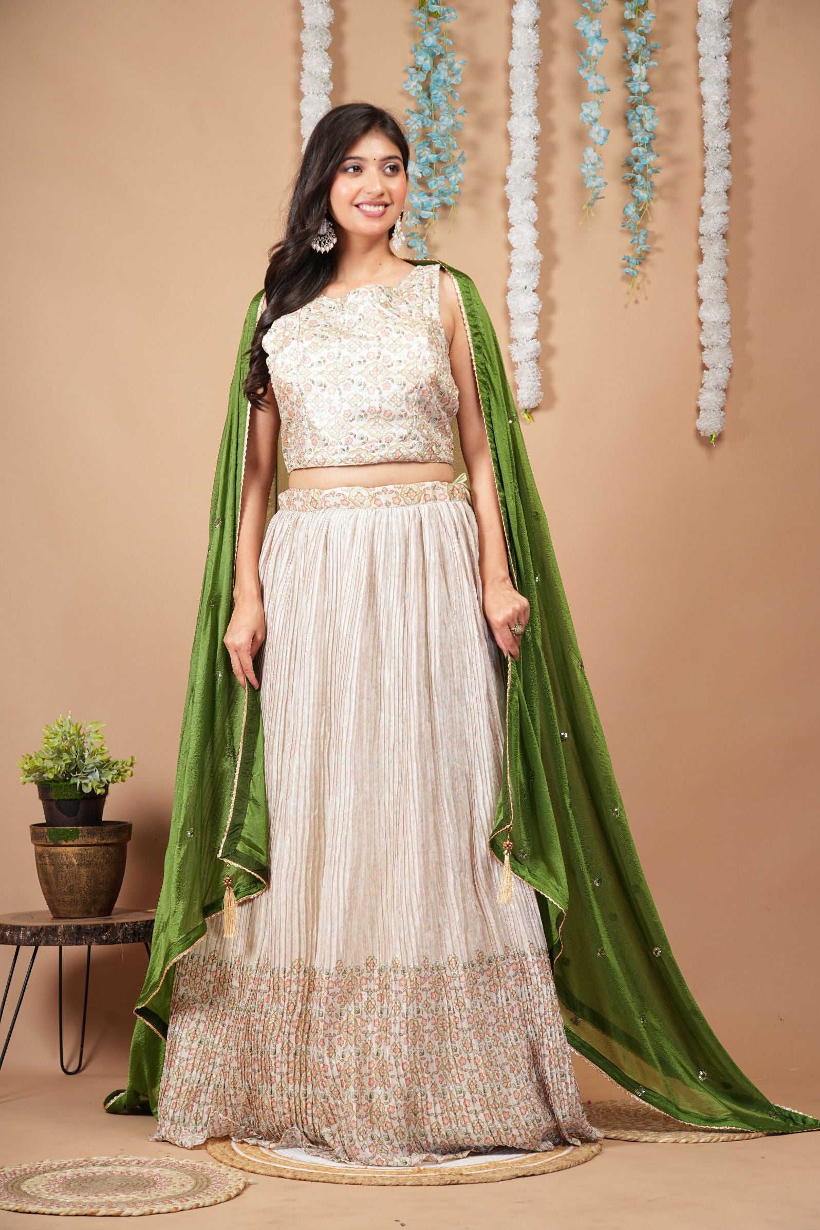 Ivory & Olive Green Lehenga Set for Mehendi