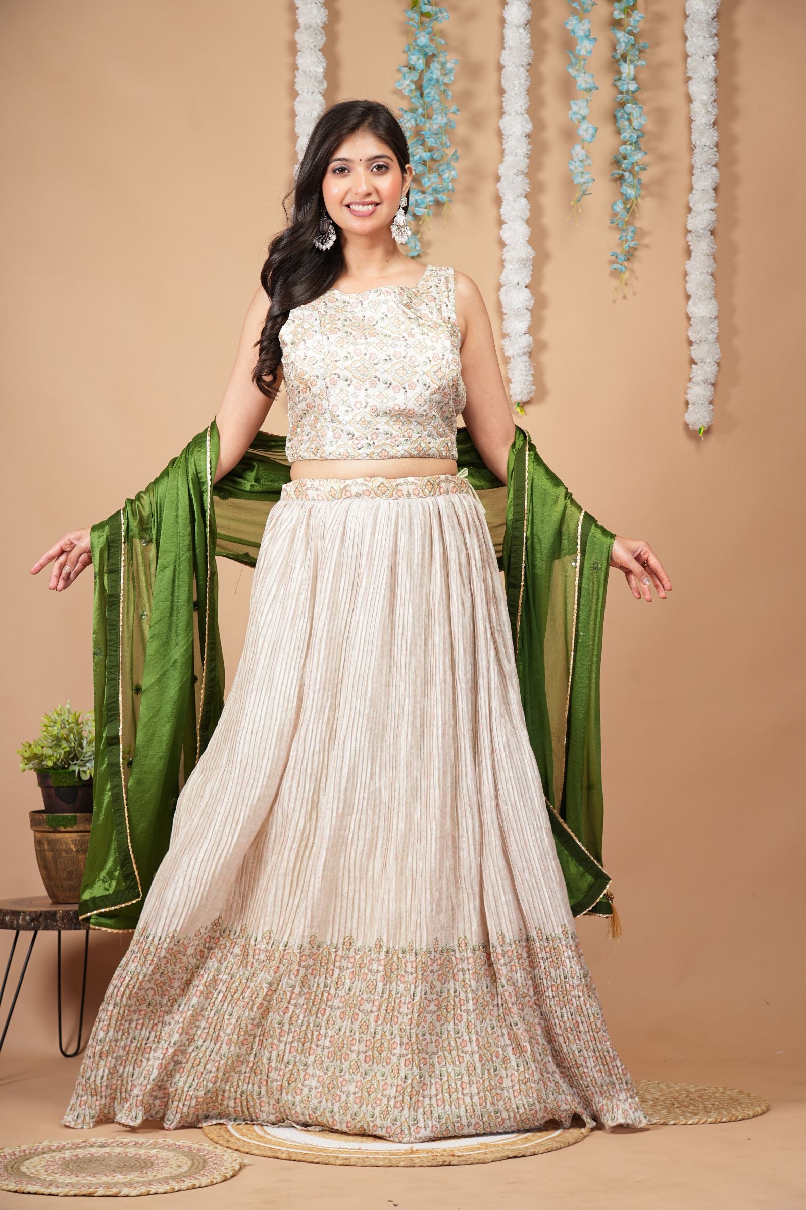 Ivory & Olive Green Lehenga Set for Mehendi