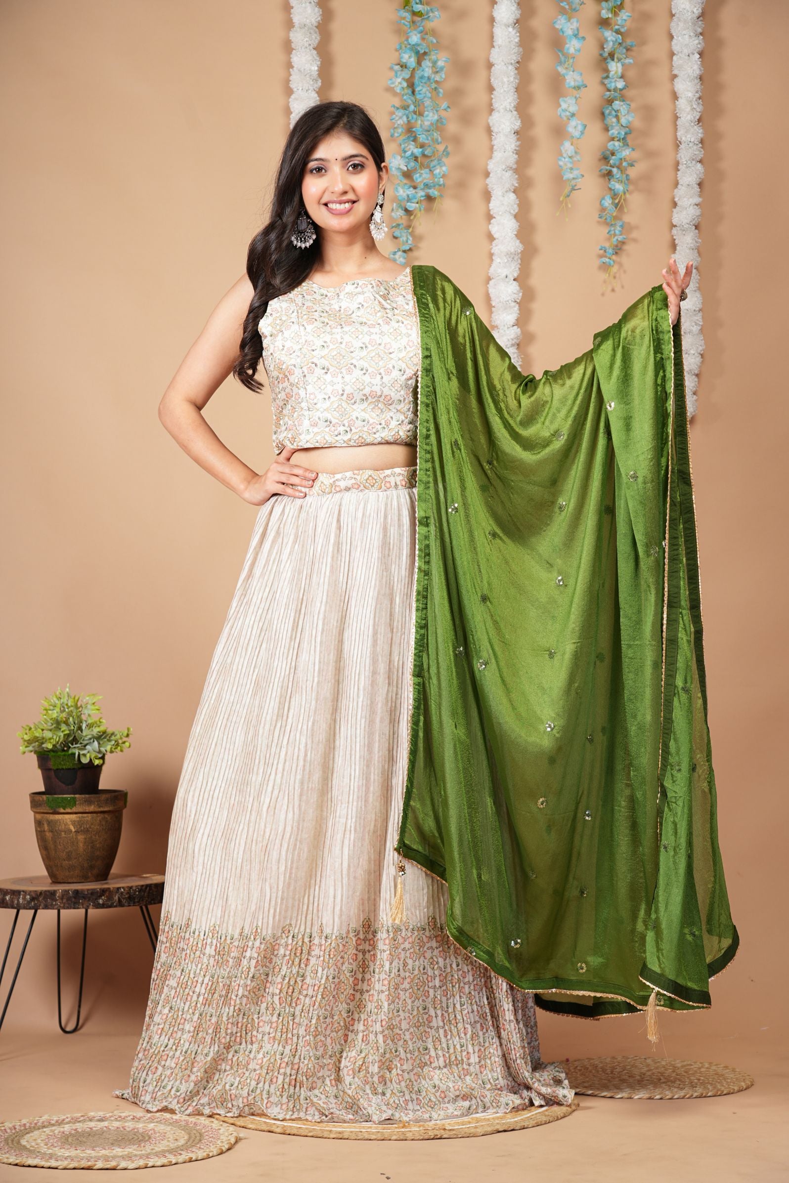 Ivory & Olive Green Lehenga Set for Mehendi