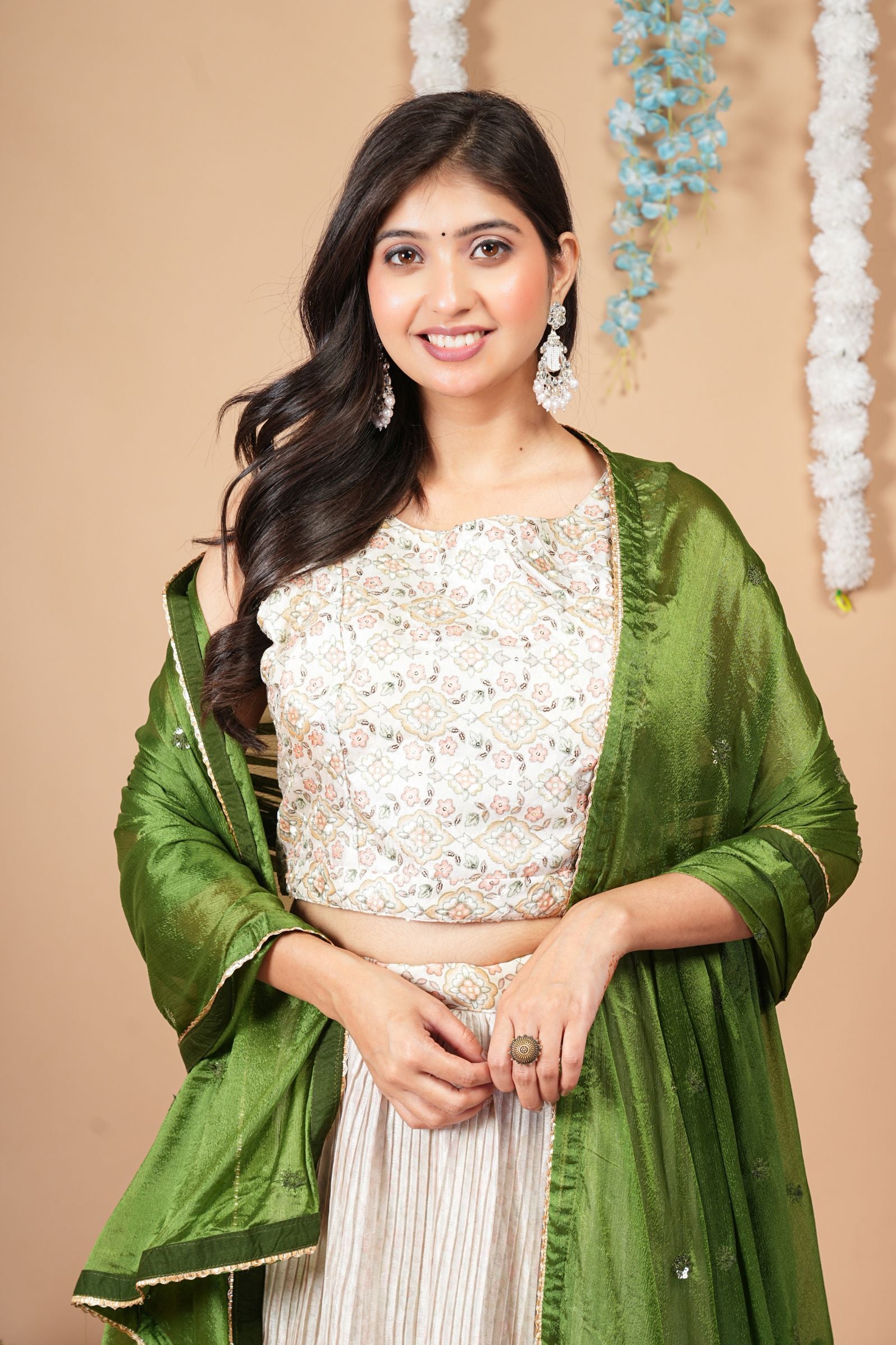 Ivory & Olive Green Lehenga Set for Mehendi