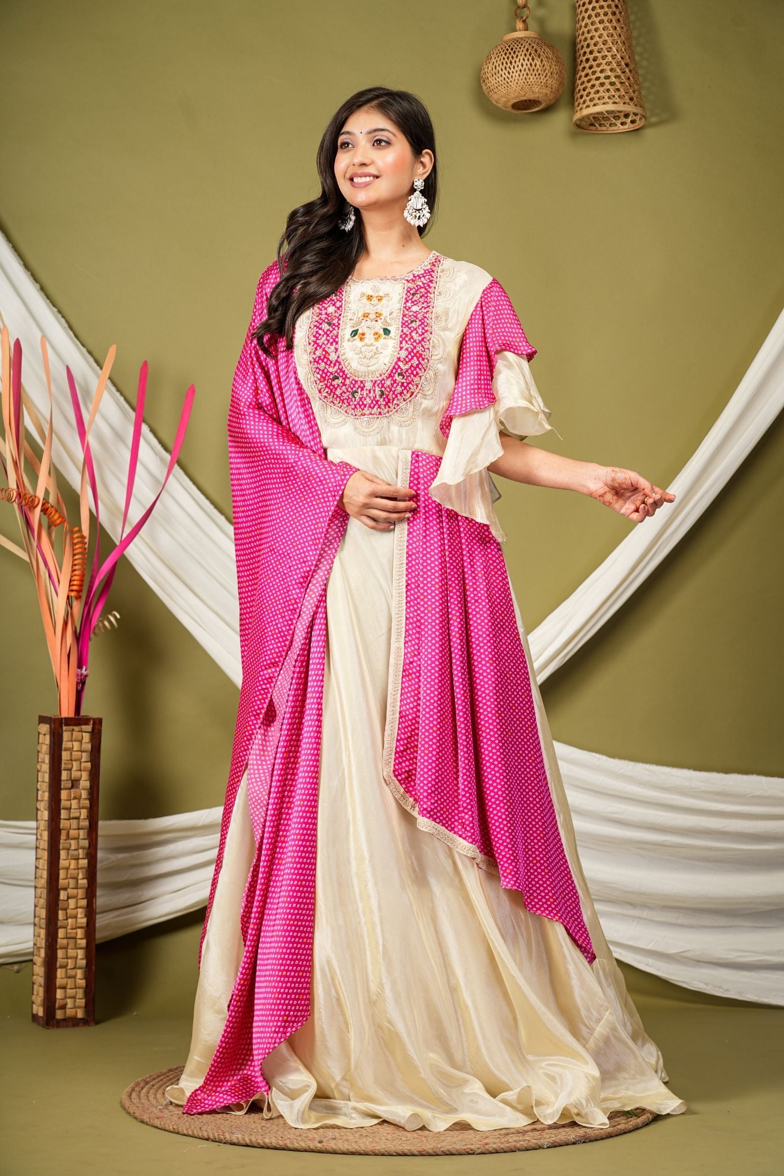 Ivory Tissue Silk Gown with Pink Bandhej Cape