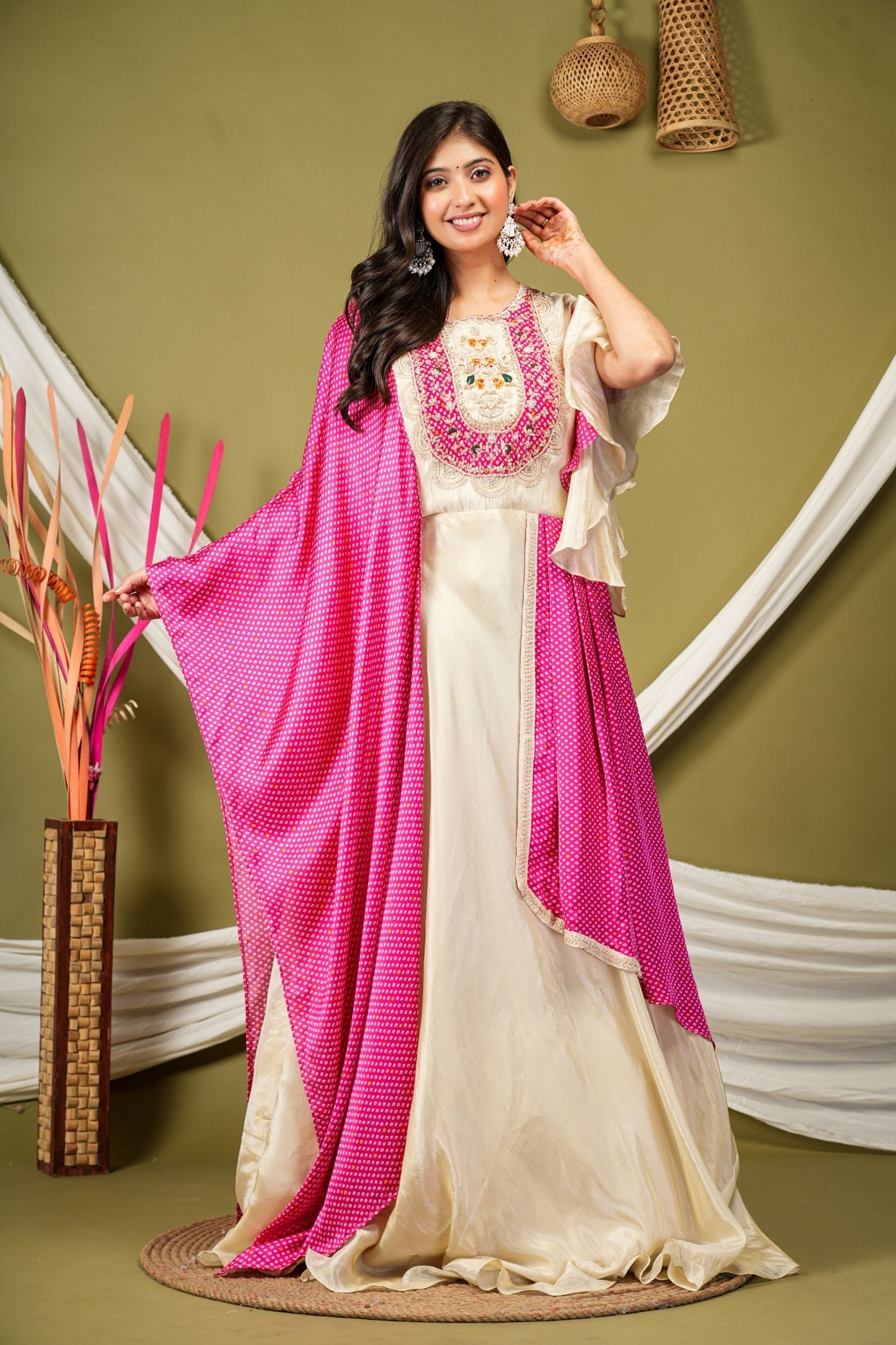 Ivory Tissue Silk Gown with Pink Bandhej Cape