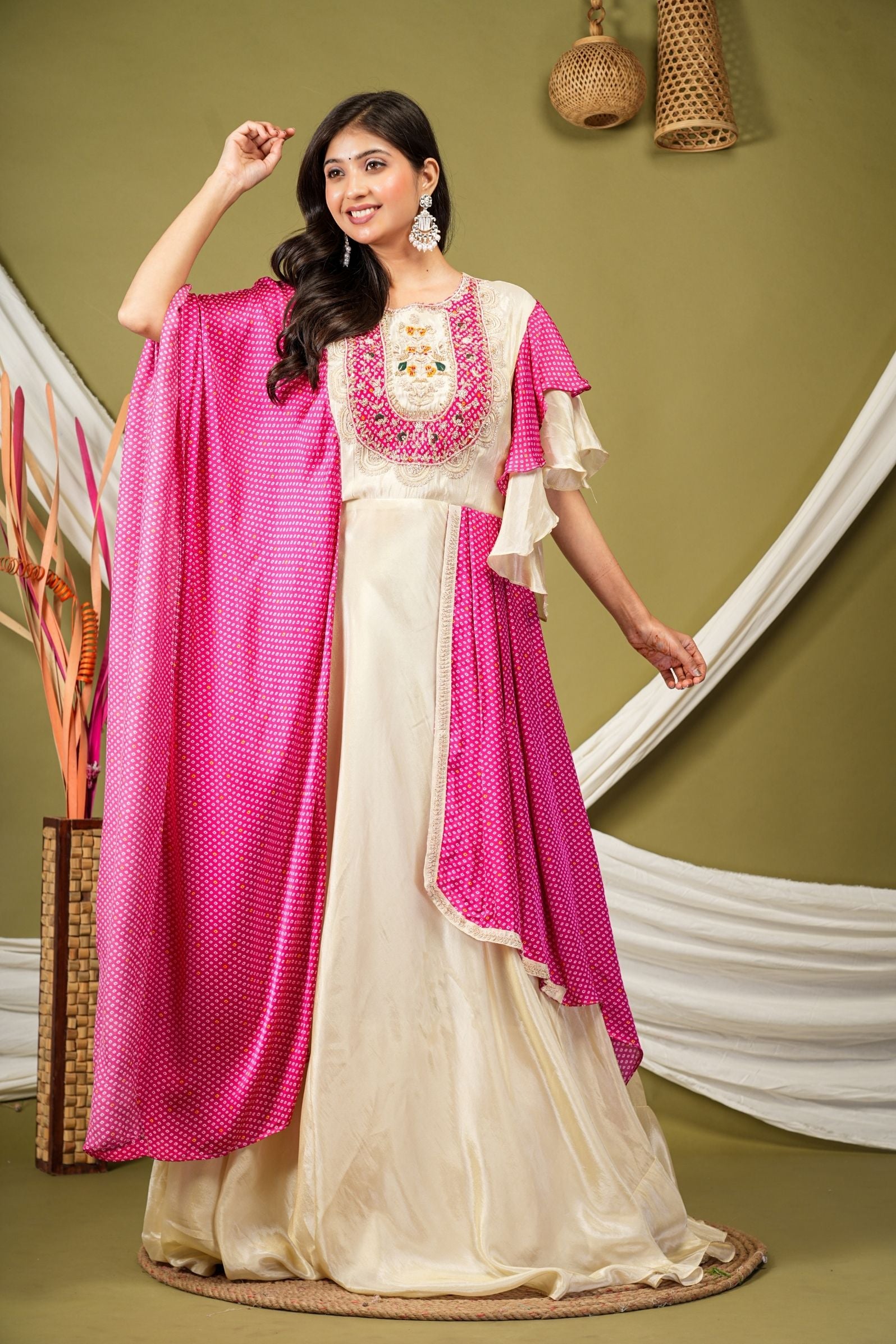 Ivory Tissue Silk Gown with Pink Bandhej Cape