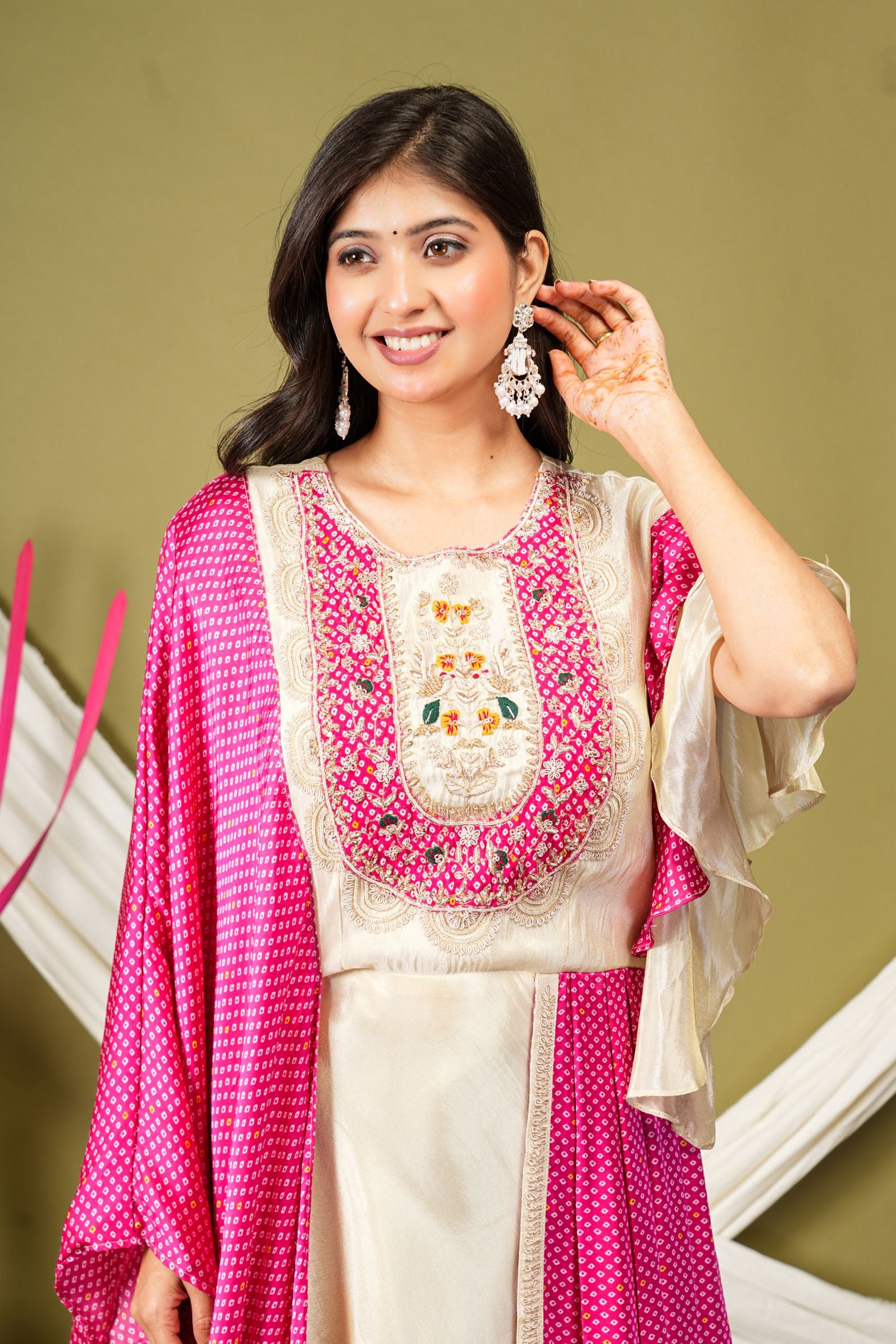 Ivory Tissue Silk Gown with Pink Bandhej Cape