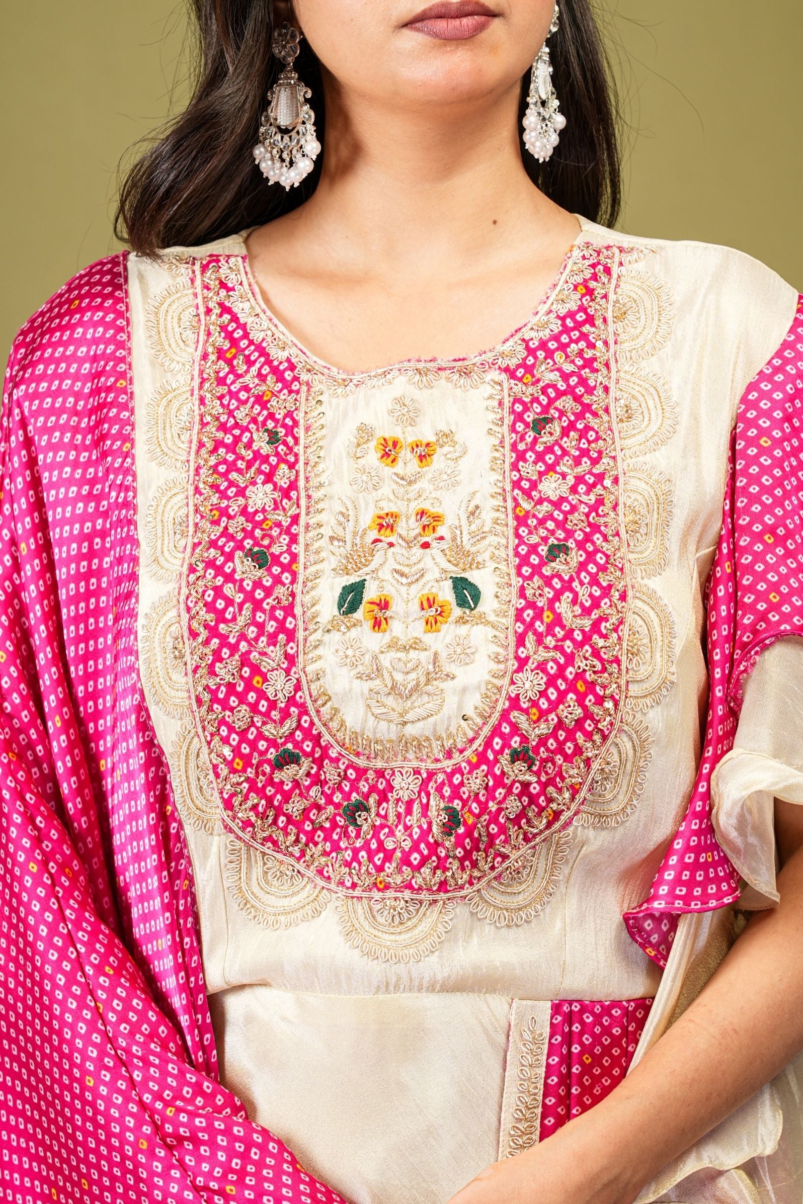 Ivory Tissue Silk Gown with Pink Bandhej Cape