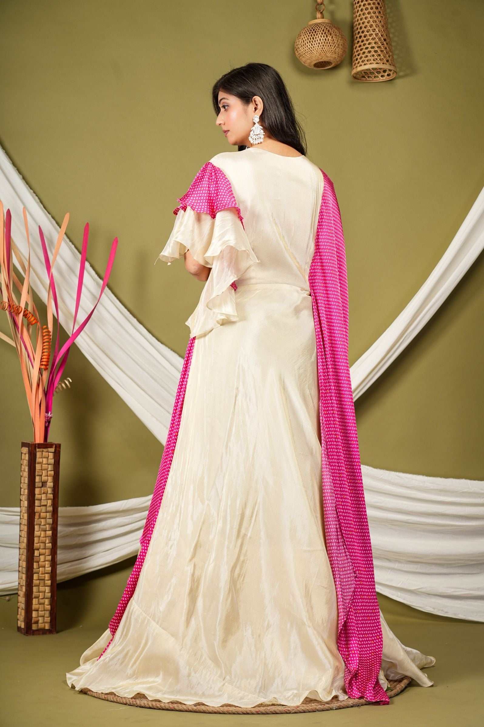 Ivory Tissue Silk Gown with Pink Bandhej Cape