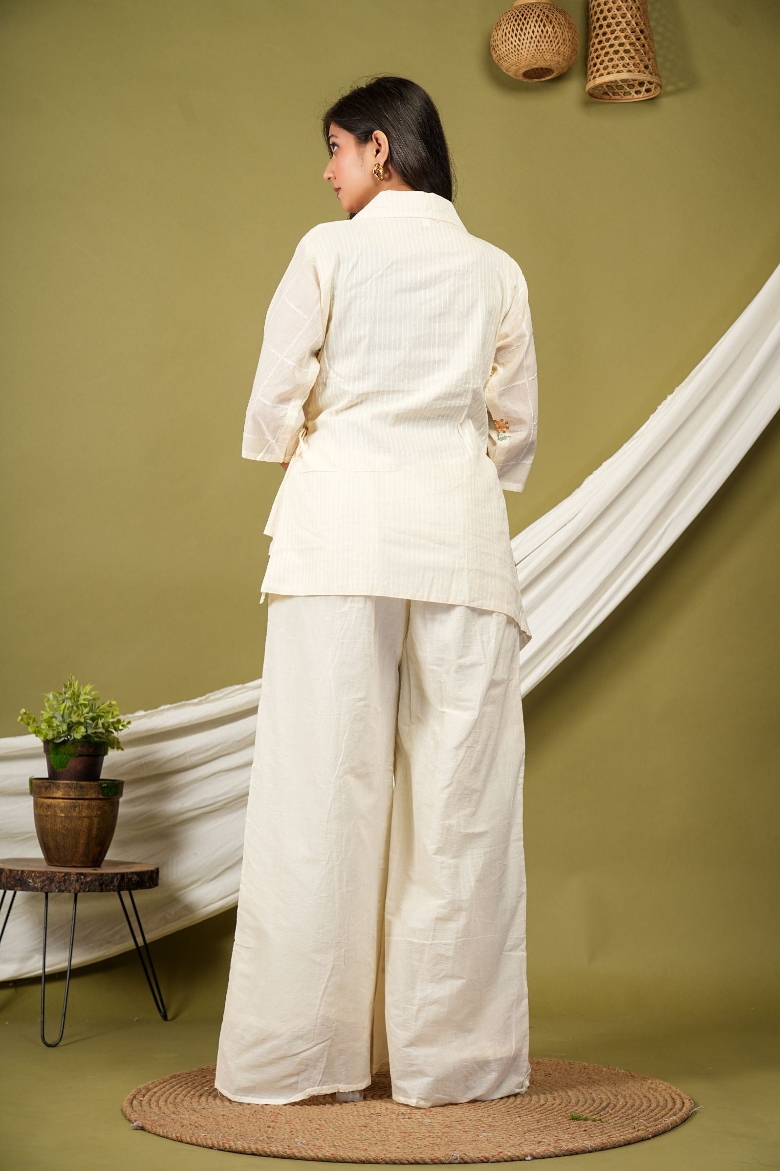 Ivory Wrap-Style Luxe Co-ord Set with Floral Embroidery