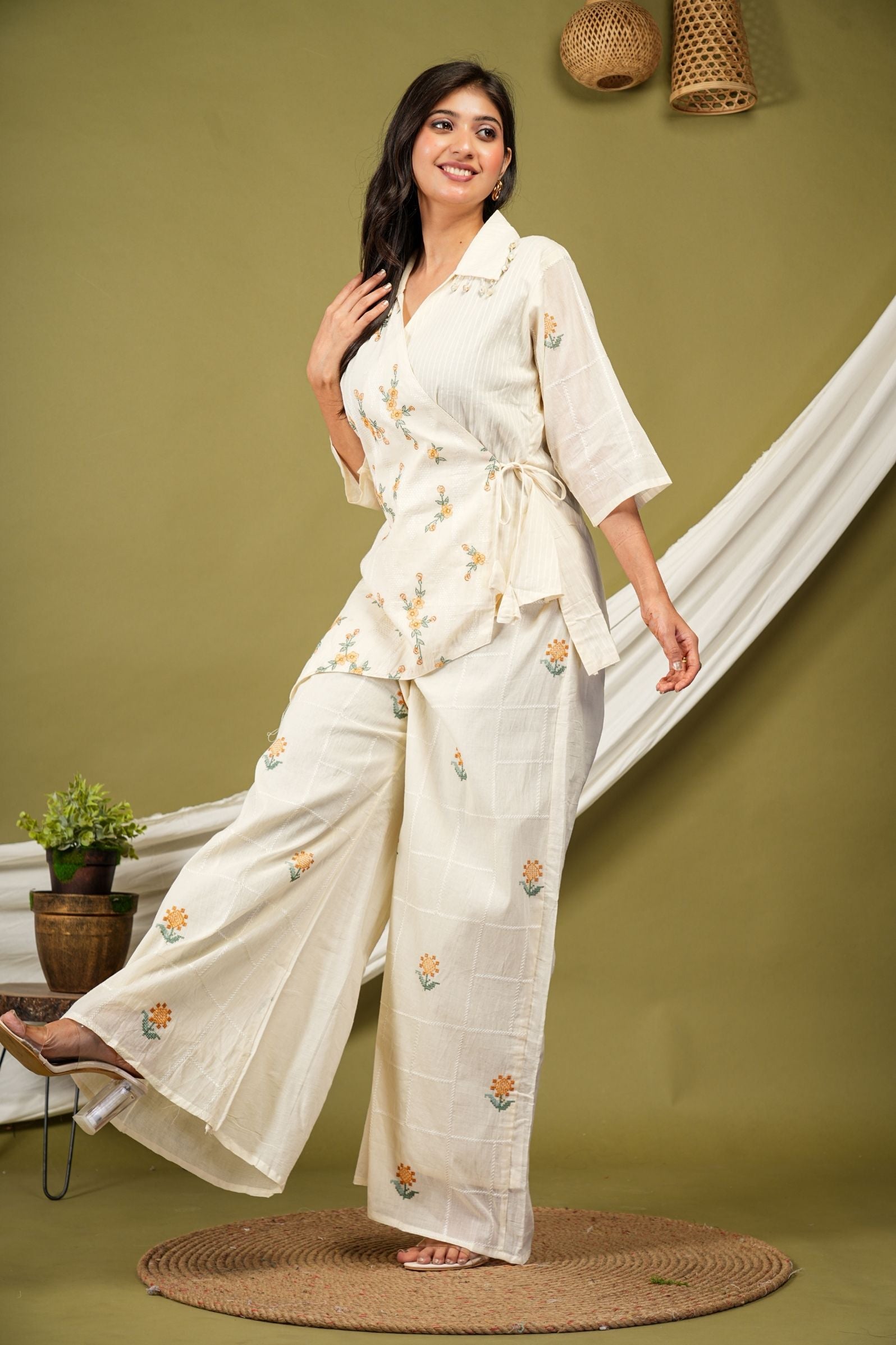 Ivory Wrap-Style Luxe Co-ord Set with Floral Embroidery