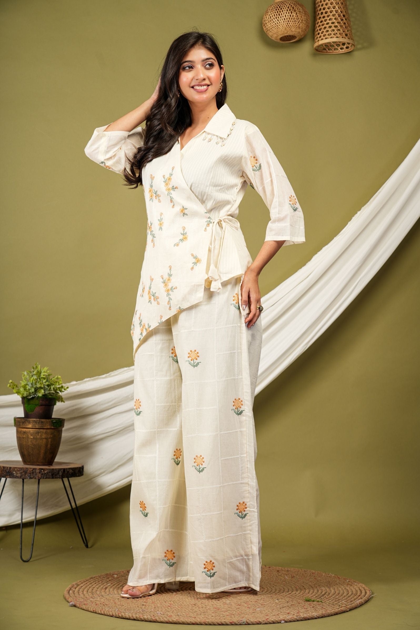 Ivory Wrap-Style Luxe Co-ord Set with Floral Embroidery