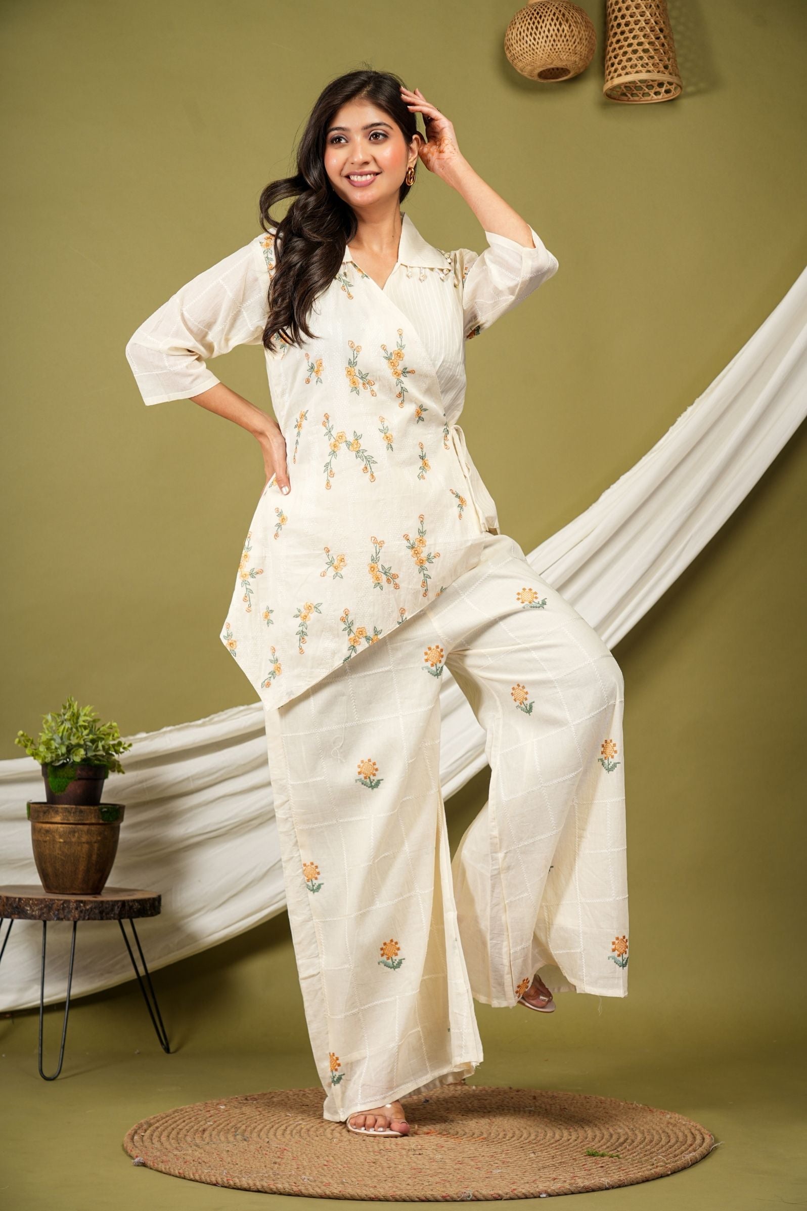 Ivory Wrap-Style Luxe Co-ord Set with Floral Embroidery