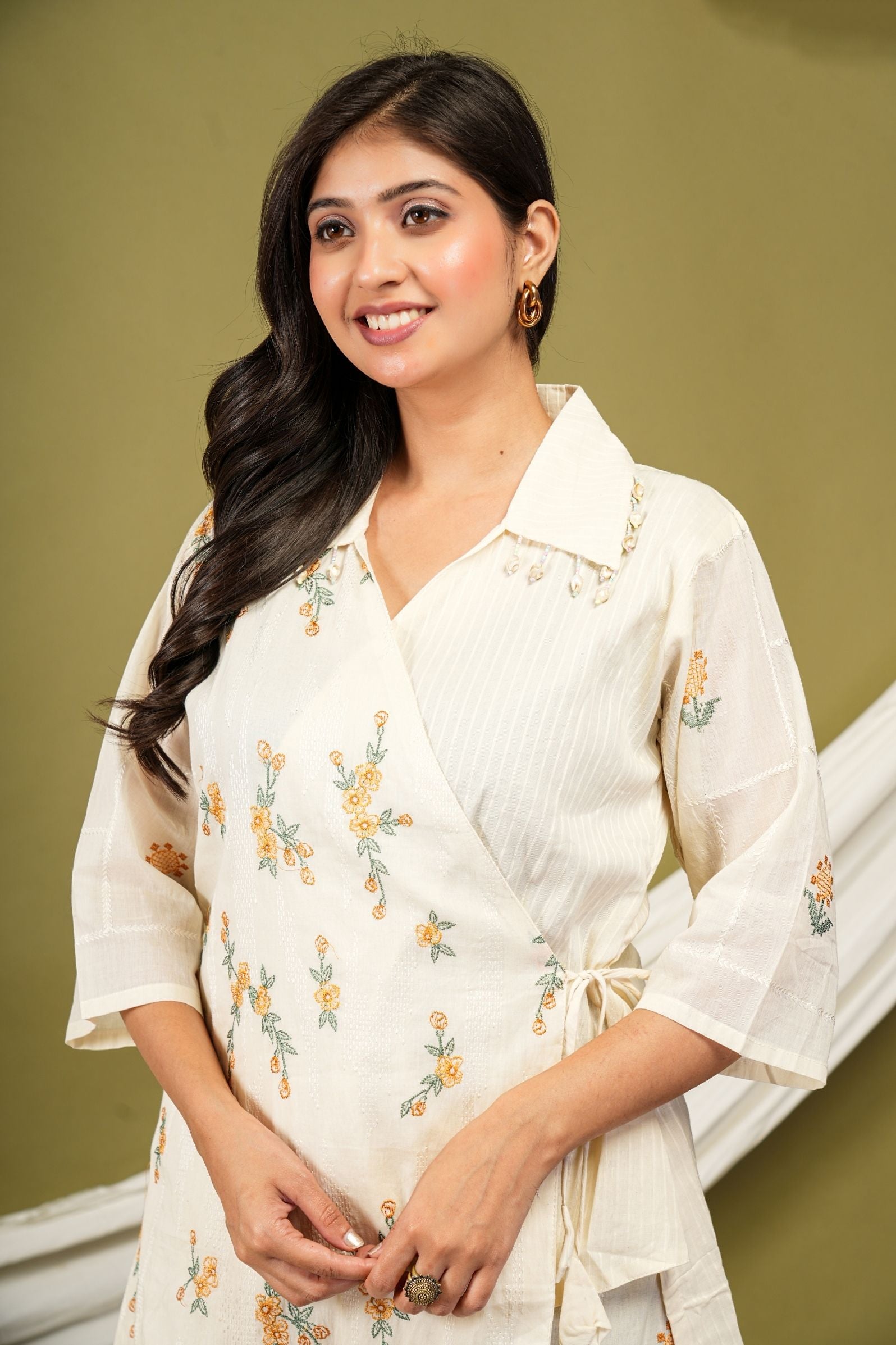 Ivory Wrap-Style Luxe Co-ord Set with Floral Embroidery