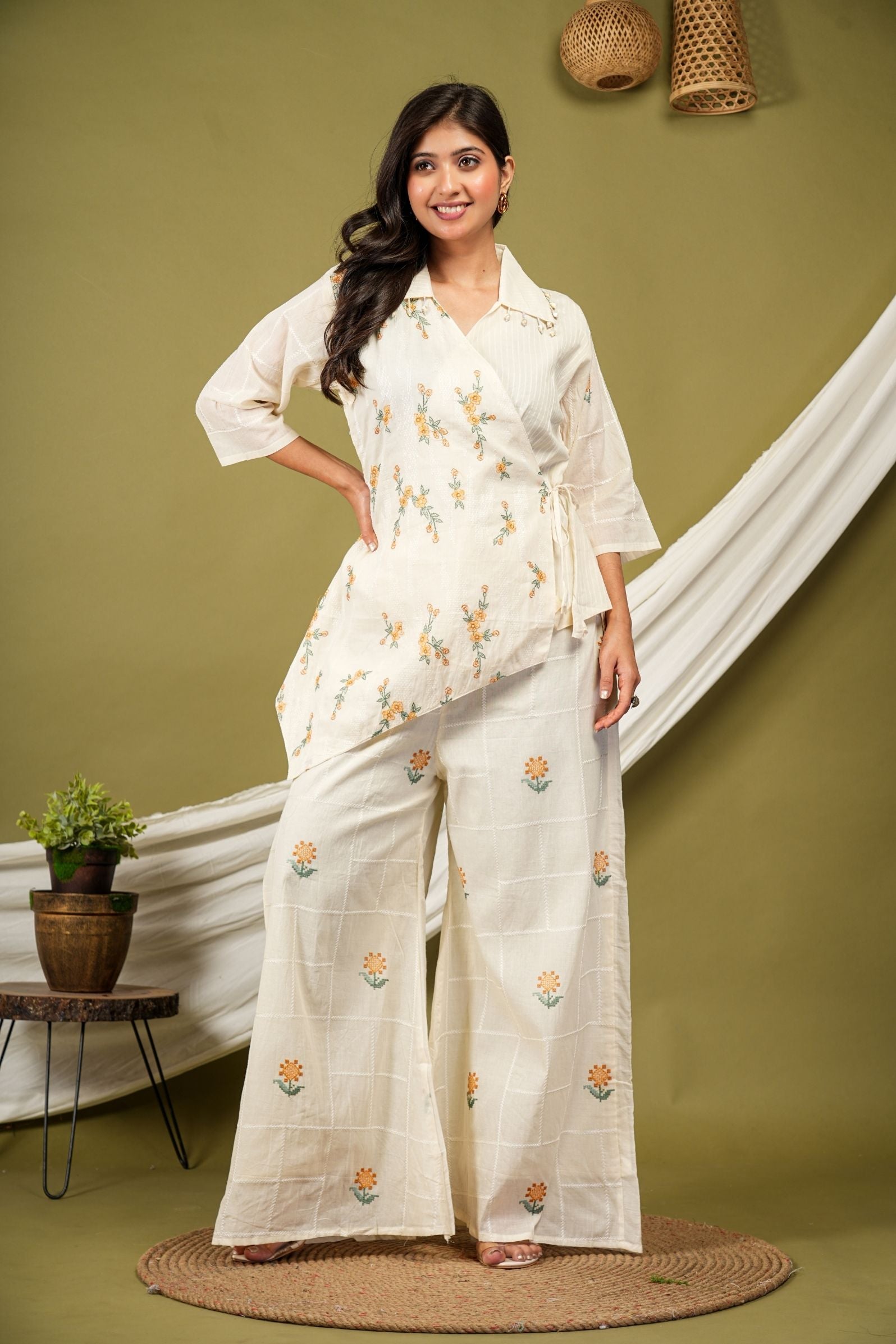 Ivory Wrap-Style Luxe Co-ord Set with Floral Embroidery