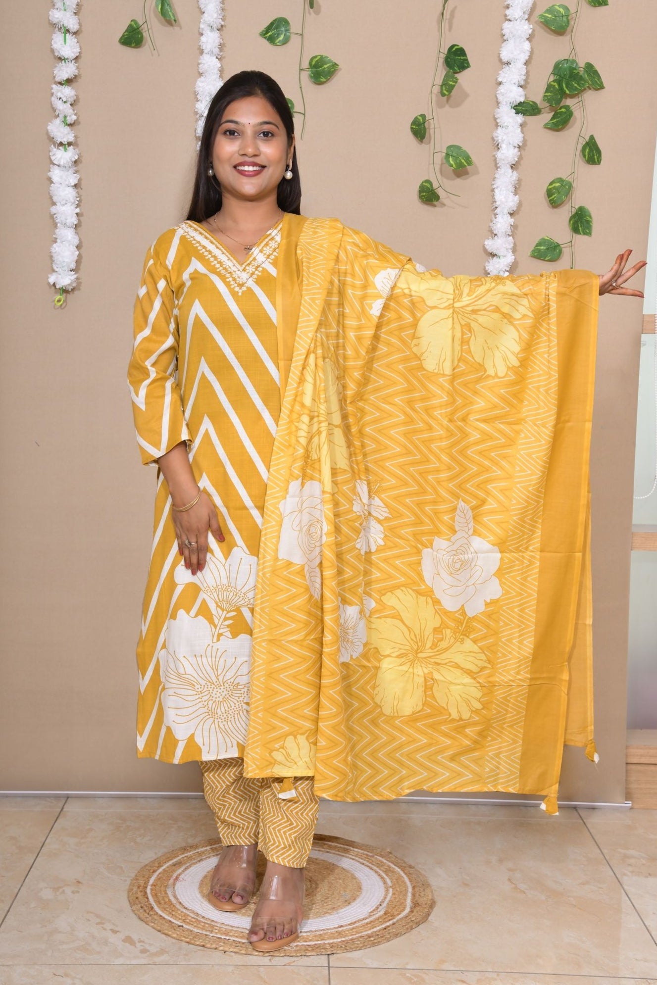 Mustard Chevron Floral Printed Suit Set
