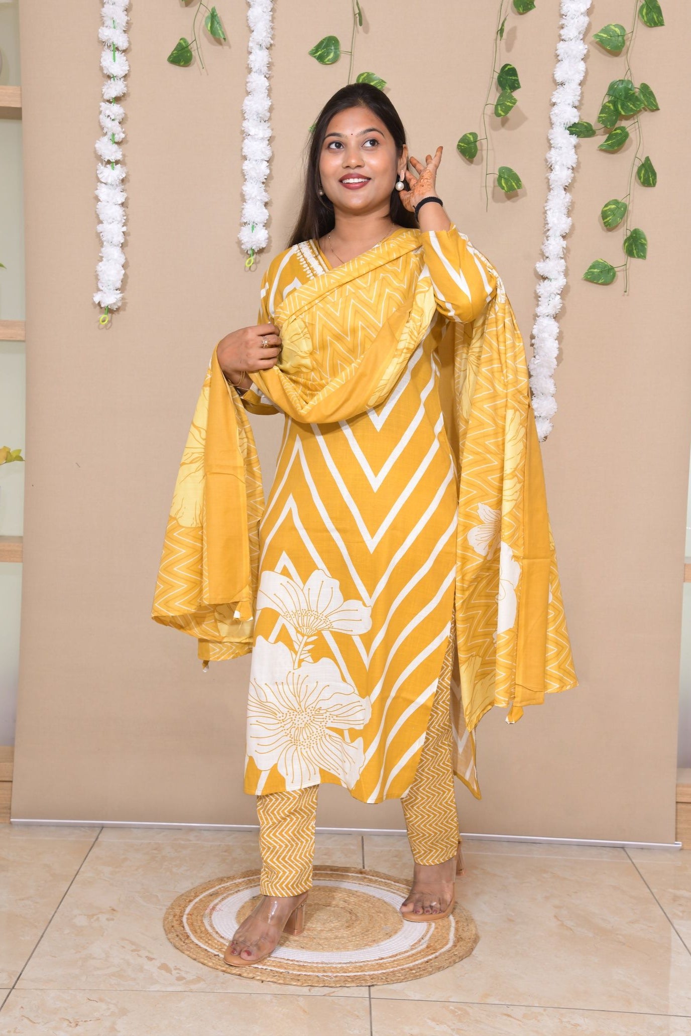 Mustard Chevron Floral Printed Suit Set