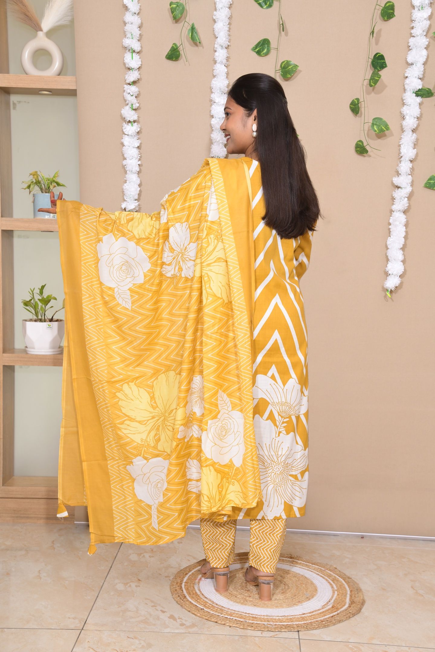 Mustard Chevron Floral Printed Suit Set