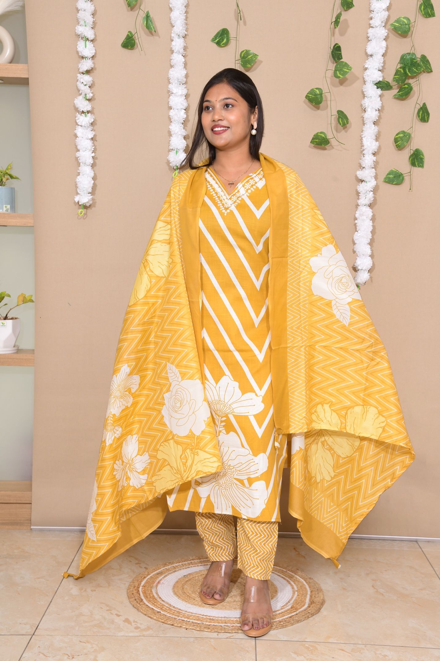 Mustard Chevron Floral Printed Suit Set