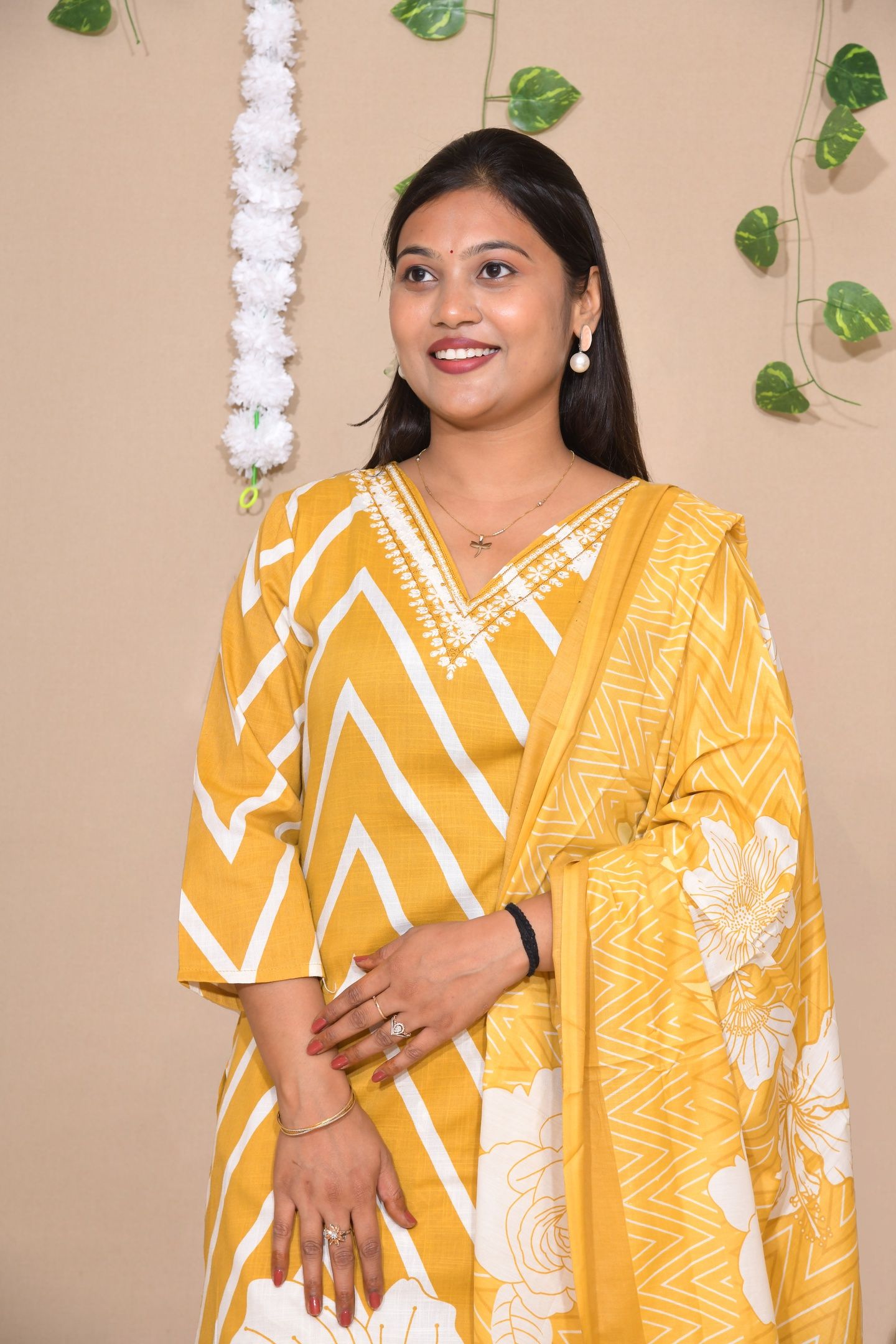 Mustard Chevron Floral Printed Suit Set