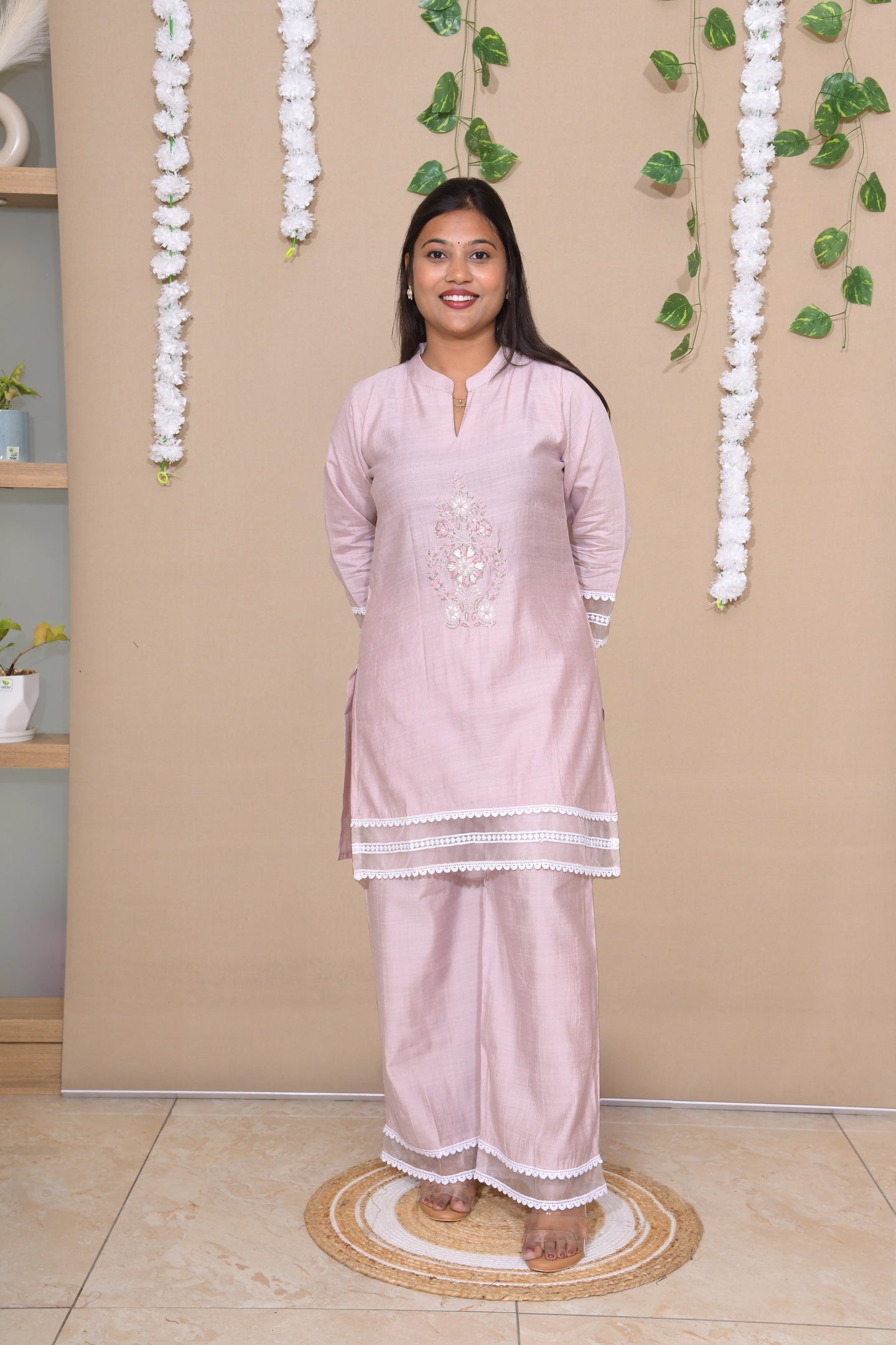 Blush Pink Kurta Pant Set with Lace Detailing