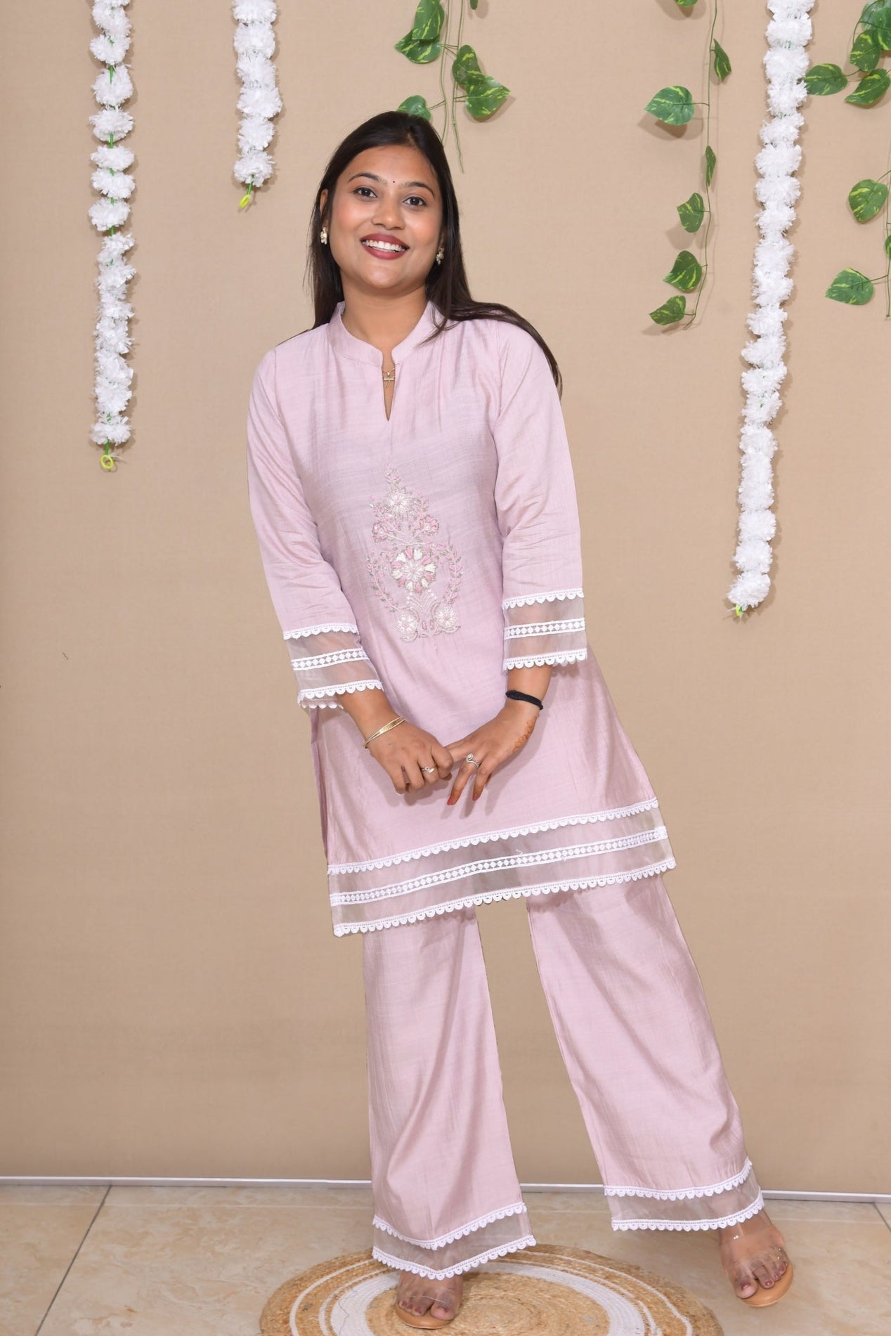 Blush Pink Kurta Pant Set with Lace Detailing