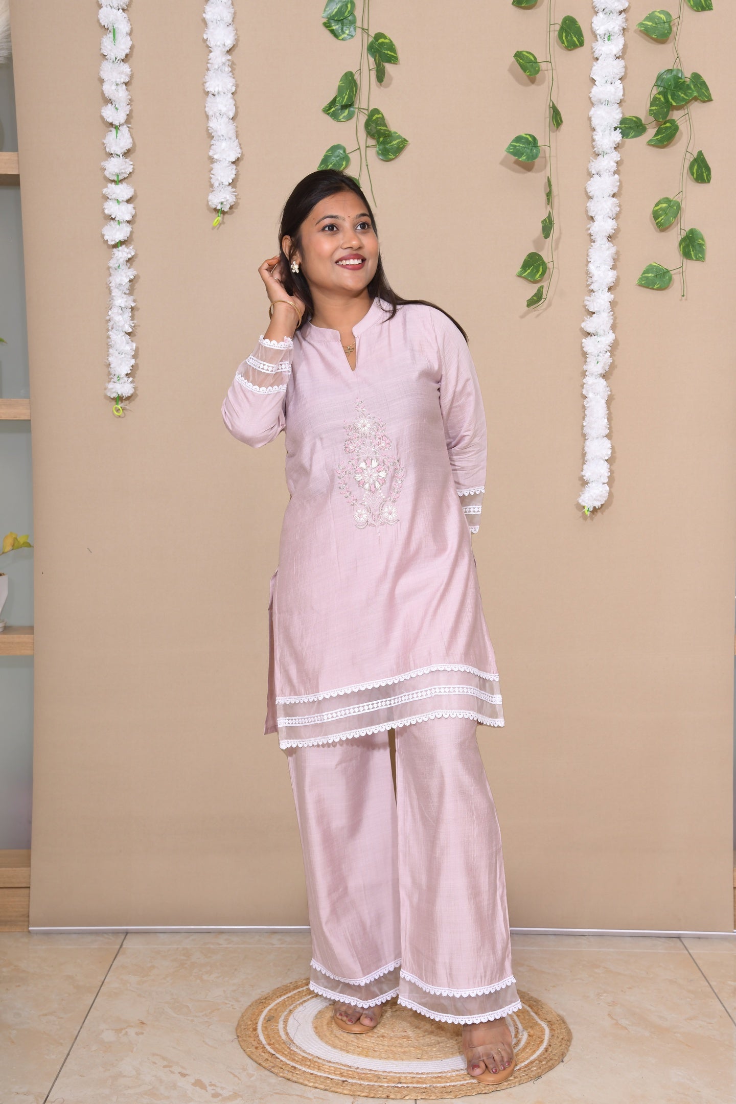 Blush Pink Kurta Pant Set with Lace Detailing