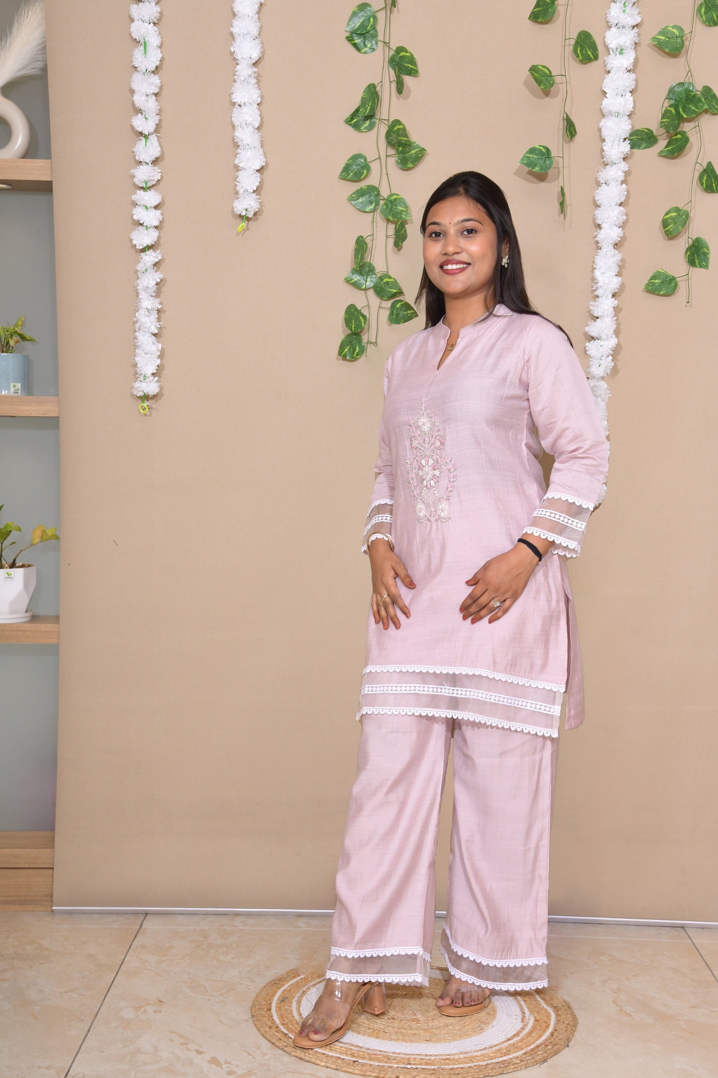 Blush Pink Kurta Pant Set with Lace Detailing