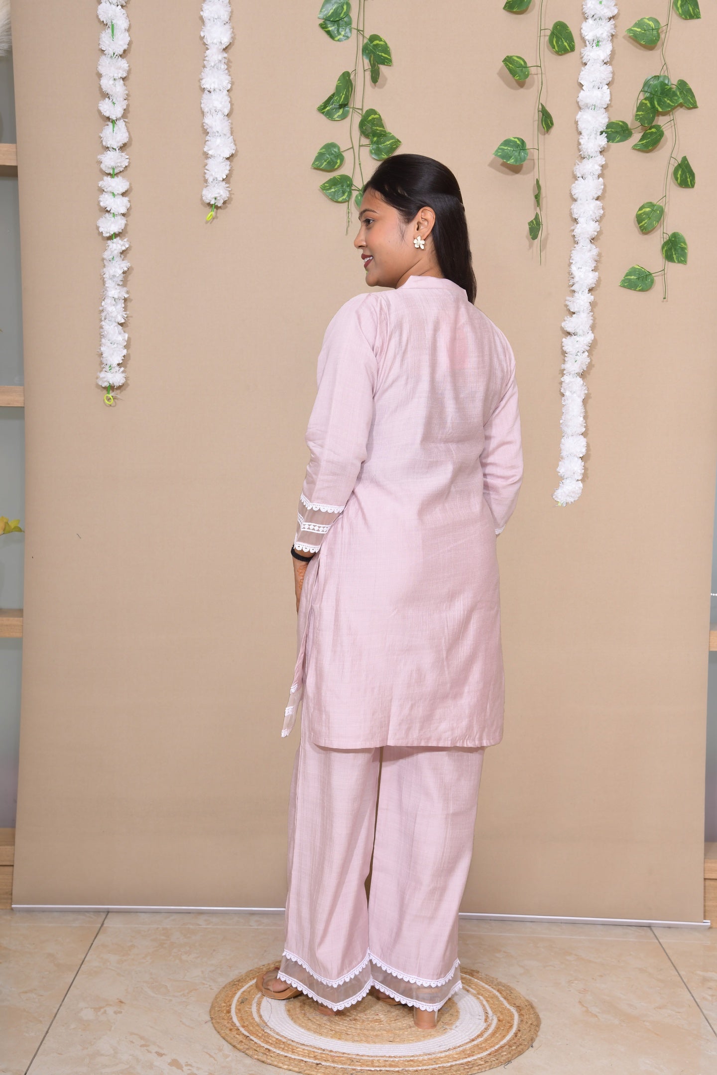 Blush Pink Kurta Pant Set with Lace Detailing
