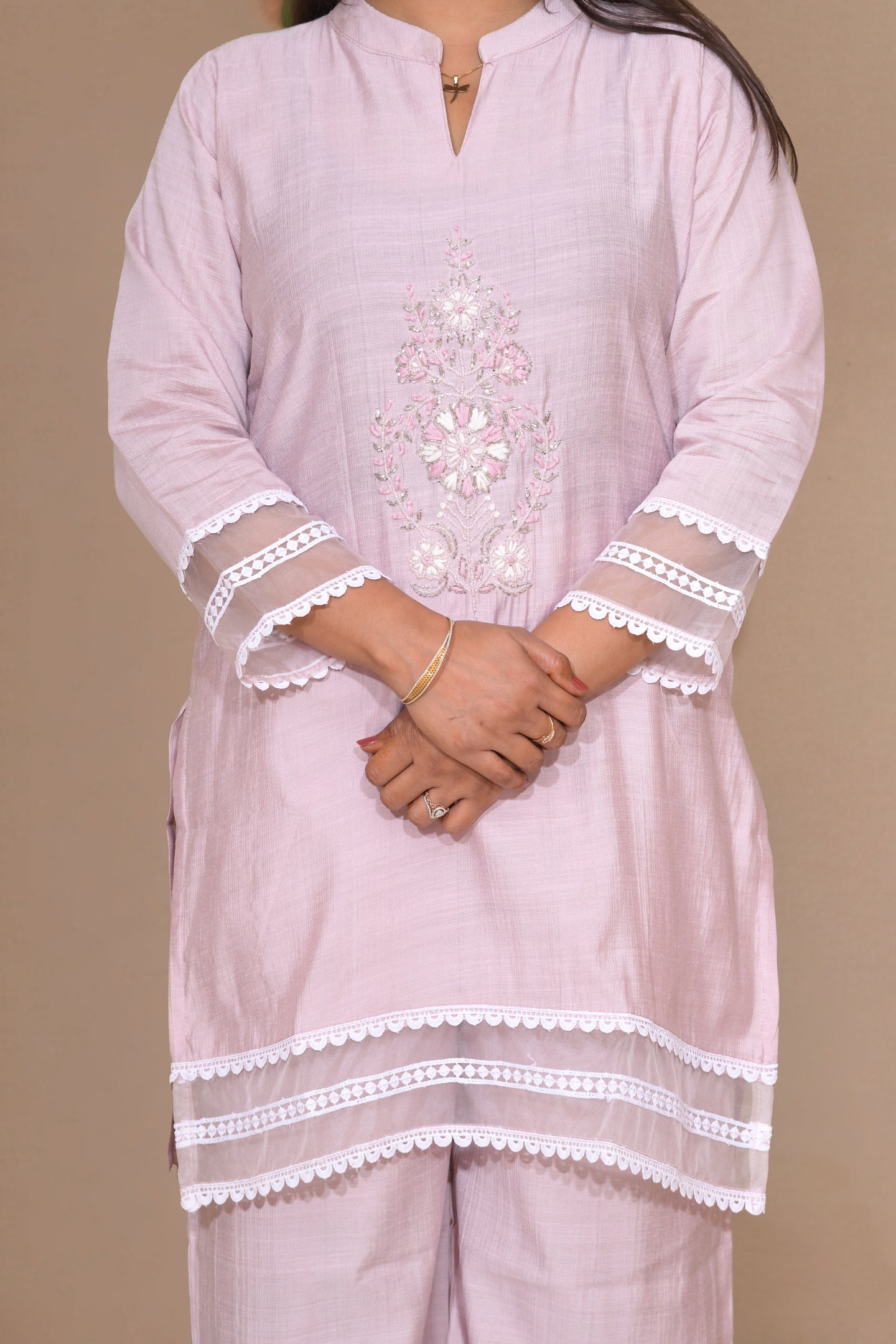 Blush Pink Kurta Pant Set with Lace Detailing