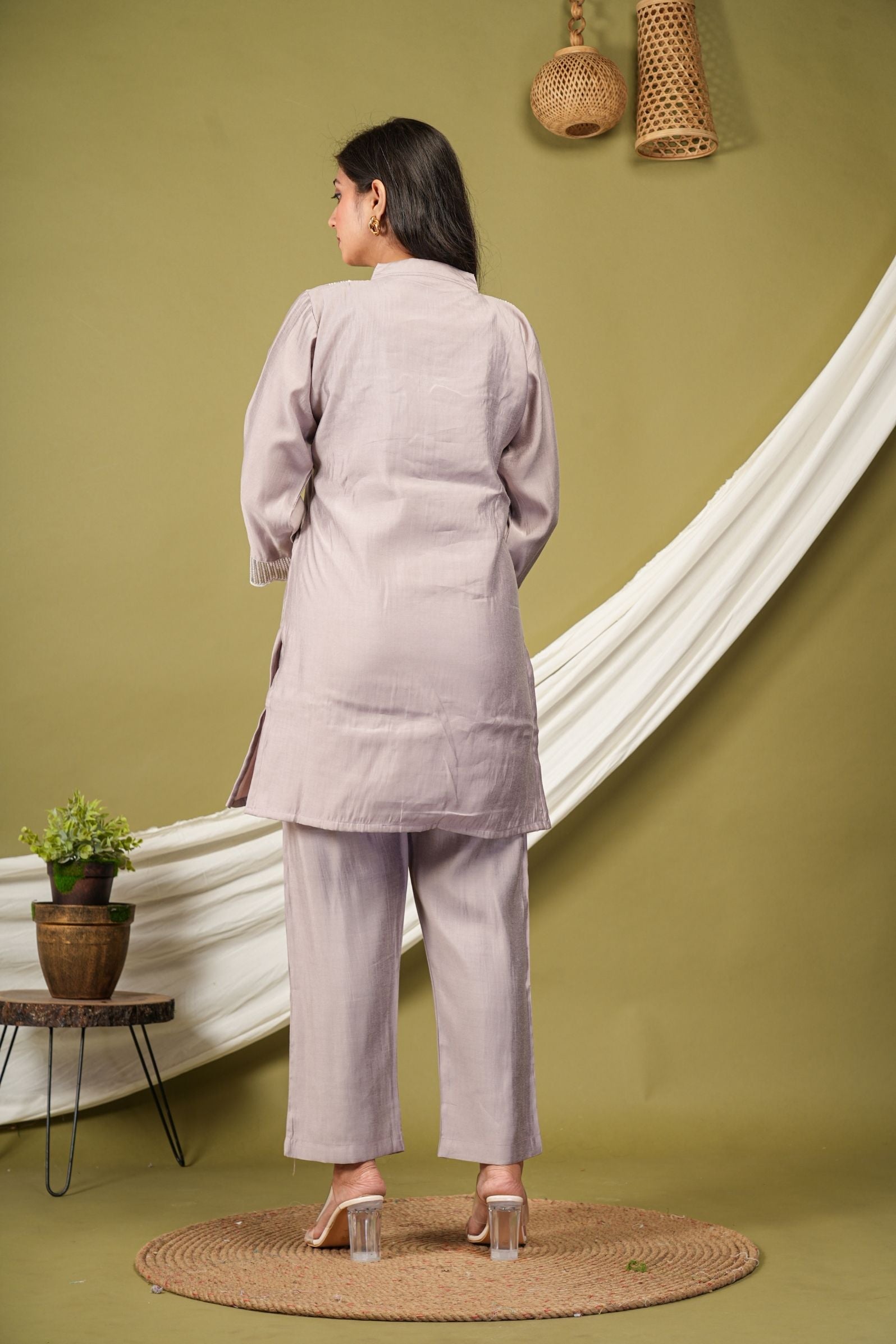 Lavender Bloom Embroidered Silk Co-ord Set