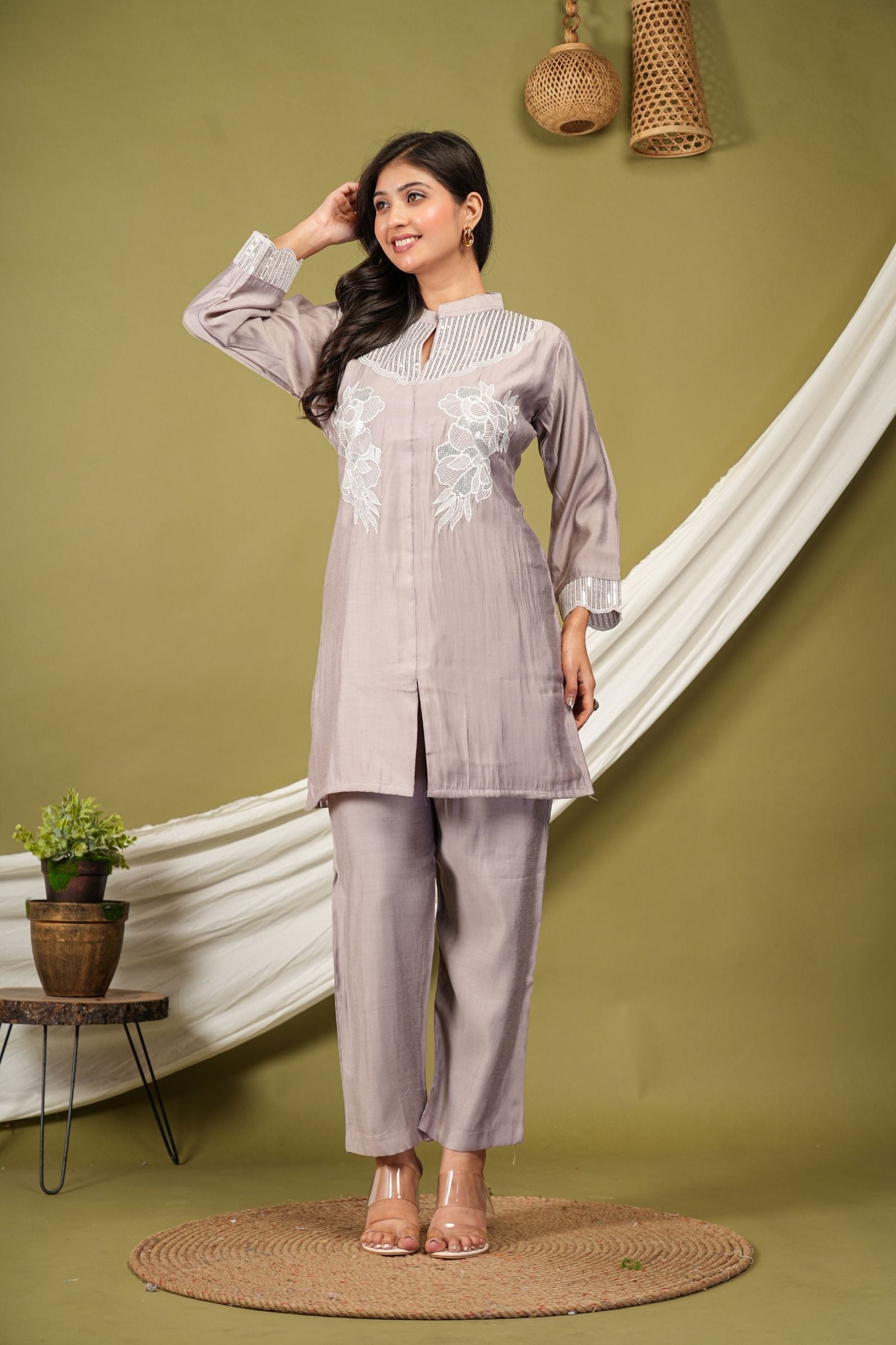 Lavender Bloom Embroidered Silk Co-ord Set