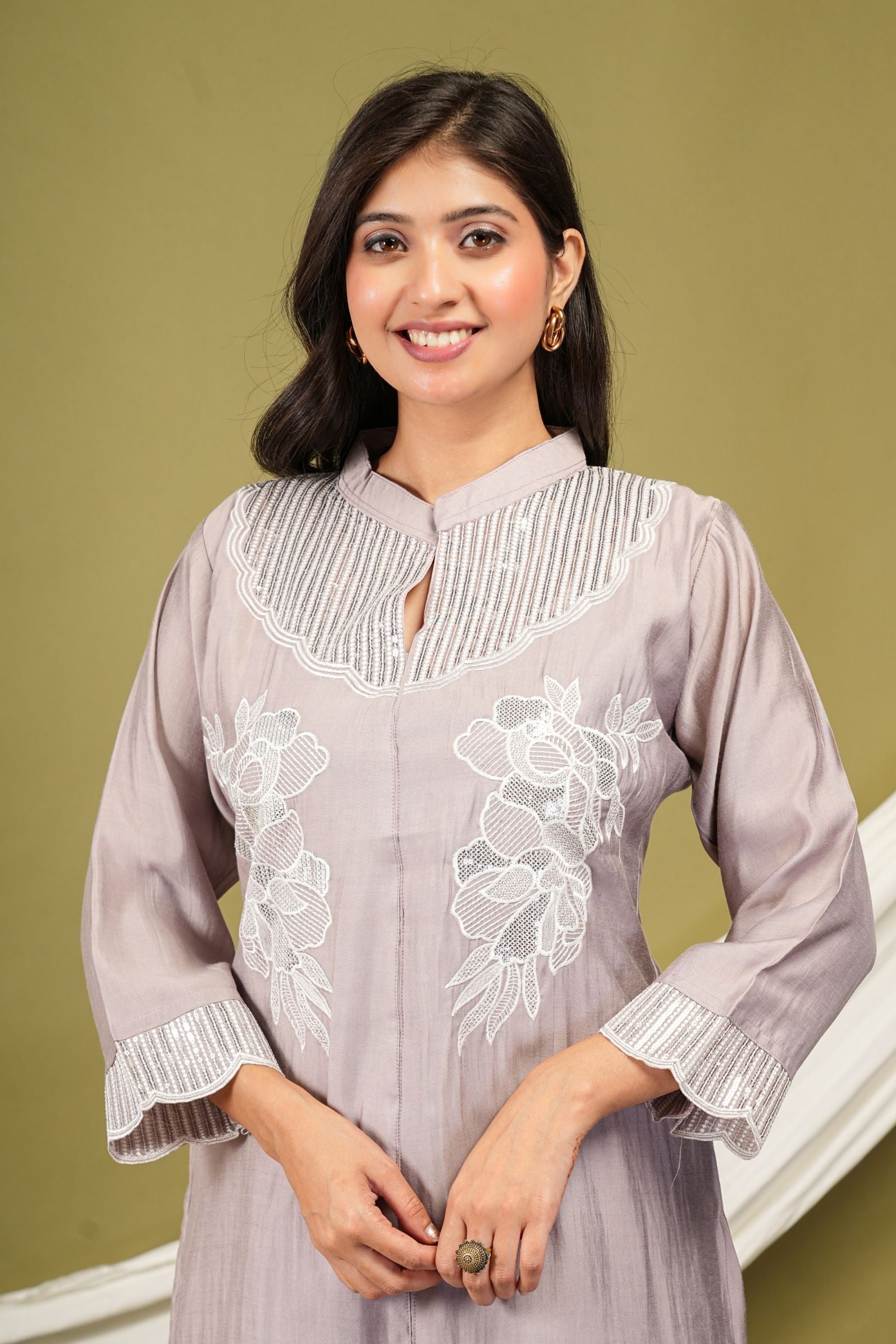 Lavender Bloom Embroidered Silk Co-ord Set