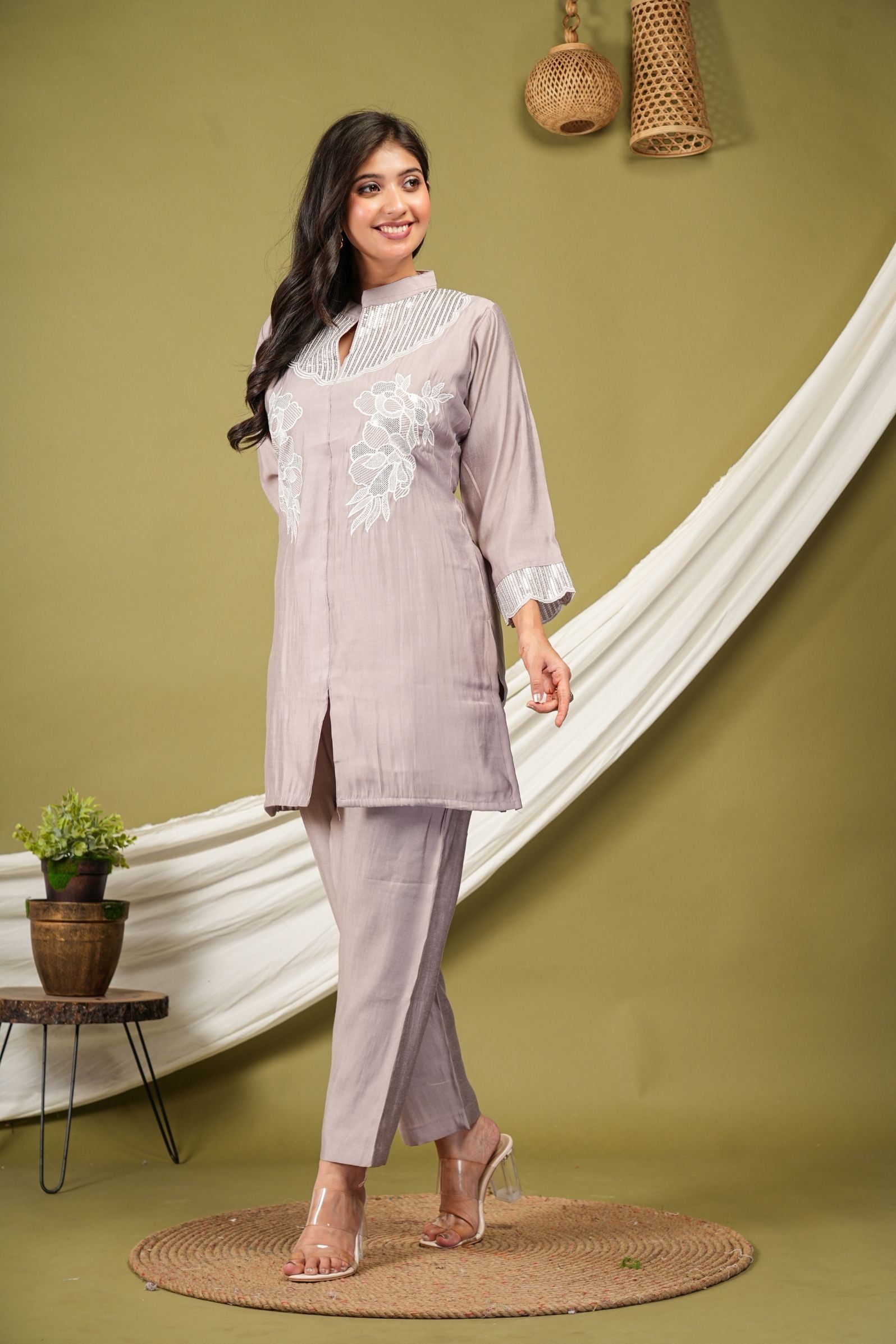 Lavender Bloom Embroidered Silk Co-ord Set