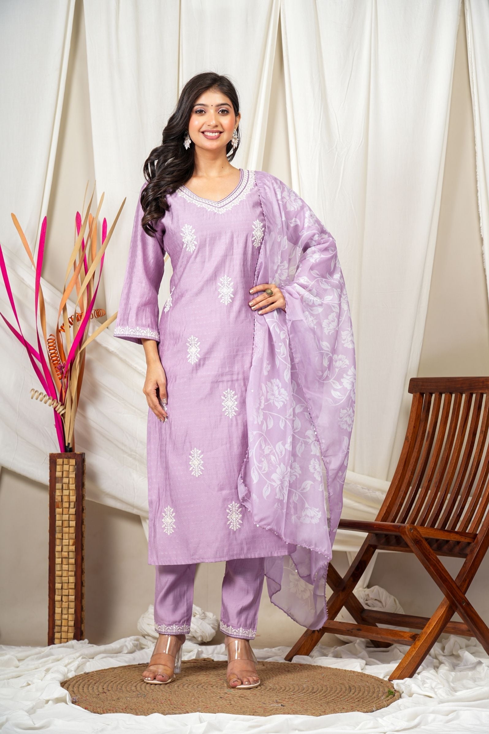 Lavender Embroidered Cotton Suit Set with Soft Organza Dupatta
