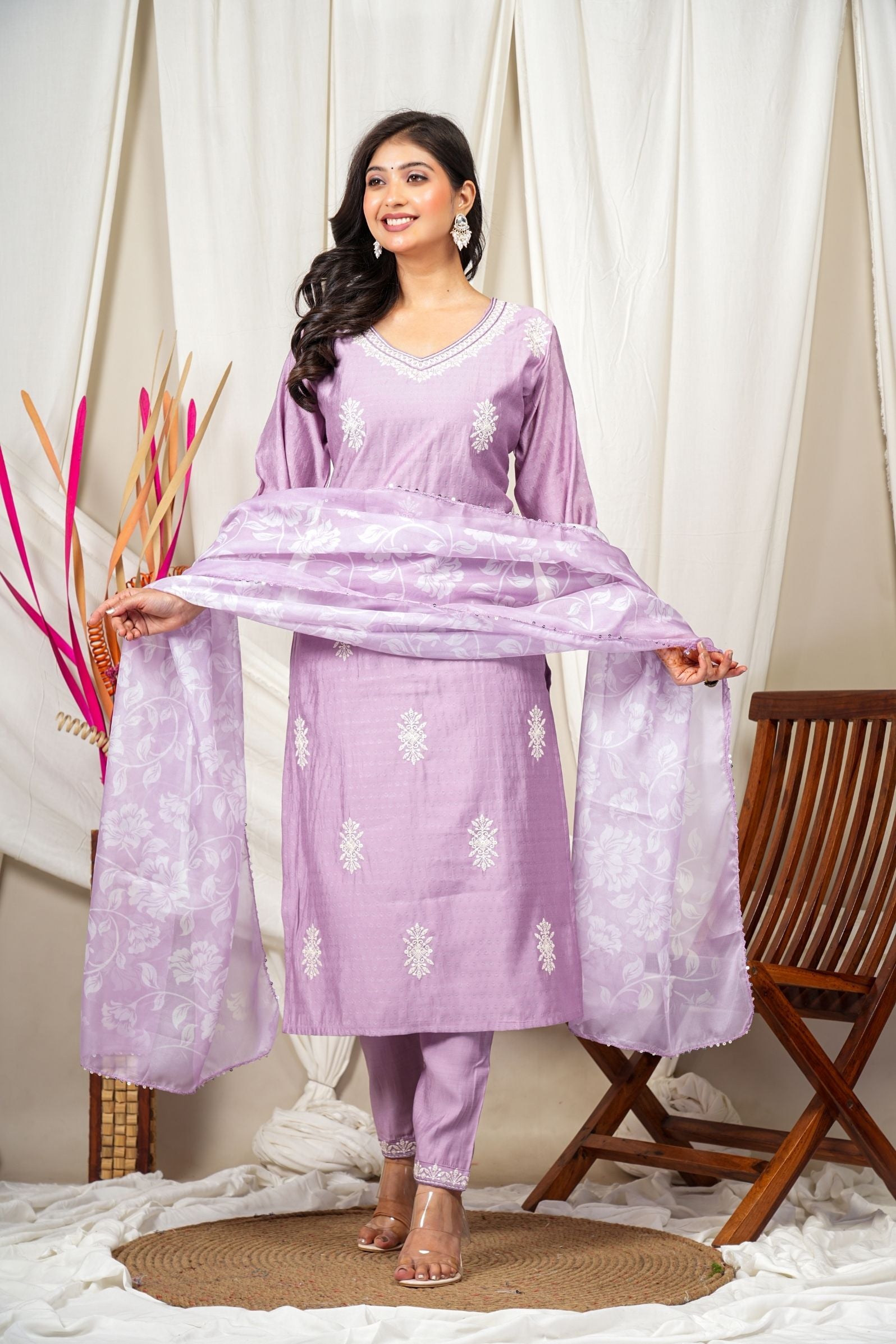 Lavender Embroidered Cotton Suit Set with Soft Organza Dupatta