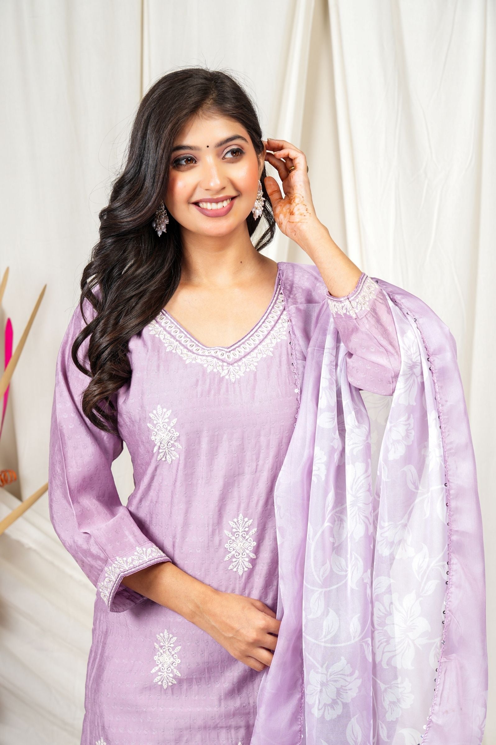 Lavender Embroidered Cotton Suit Set with Soft Organza Dupatta