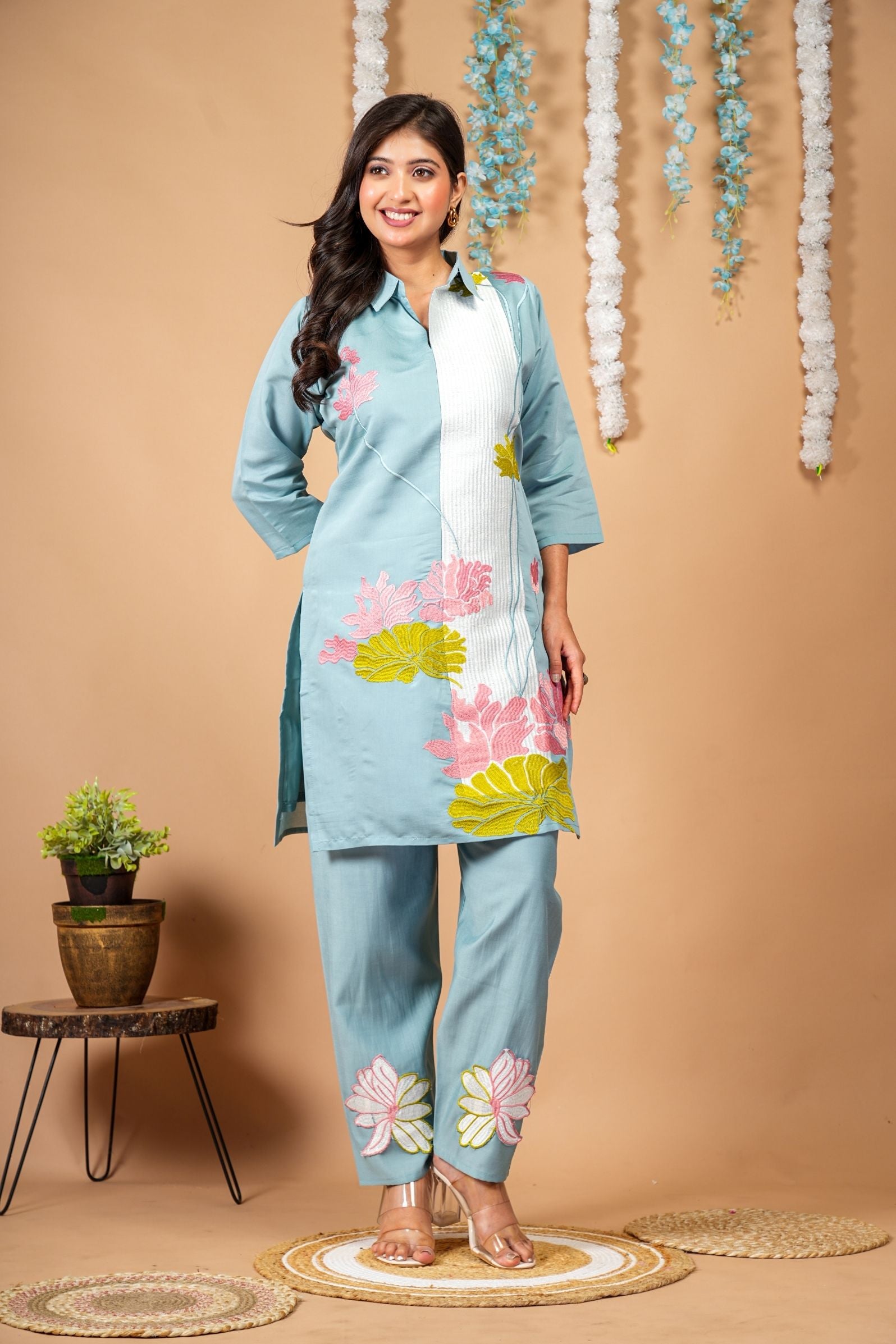 Lotus Breeze Powder Blue Embroidered Co-ord Set